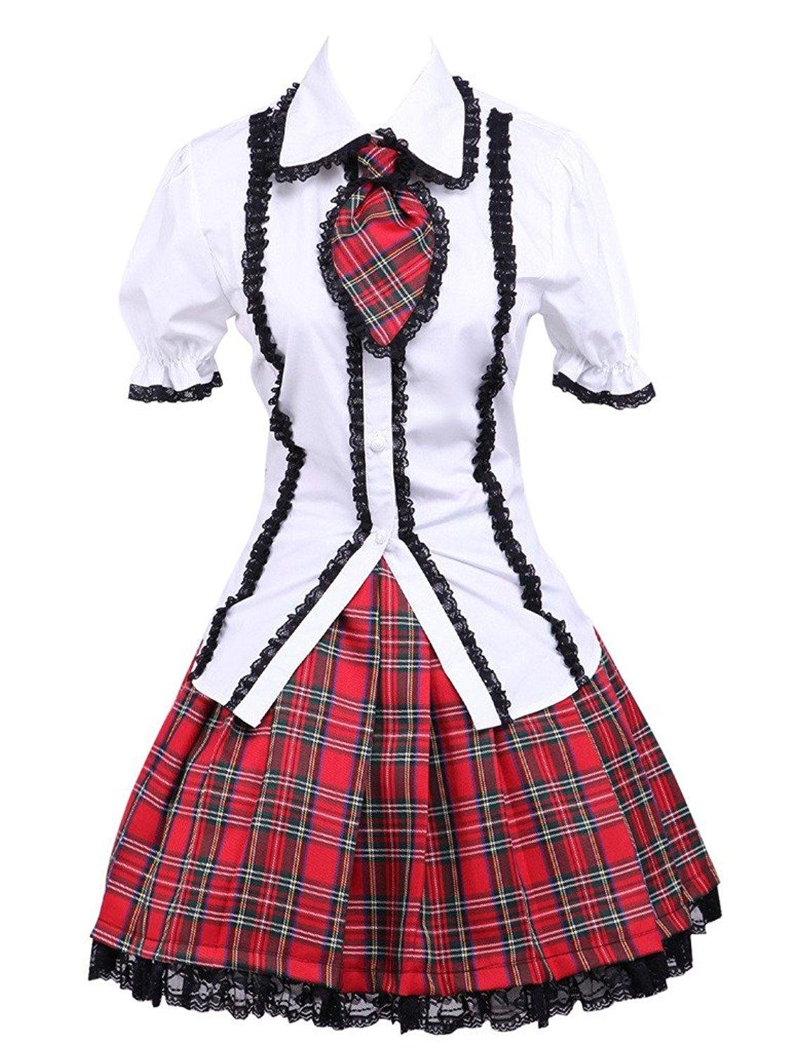 Cemavin Cosplay White Puff Short Sleeves Lolita Blouse and Checkered Classic Lolita Skirt