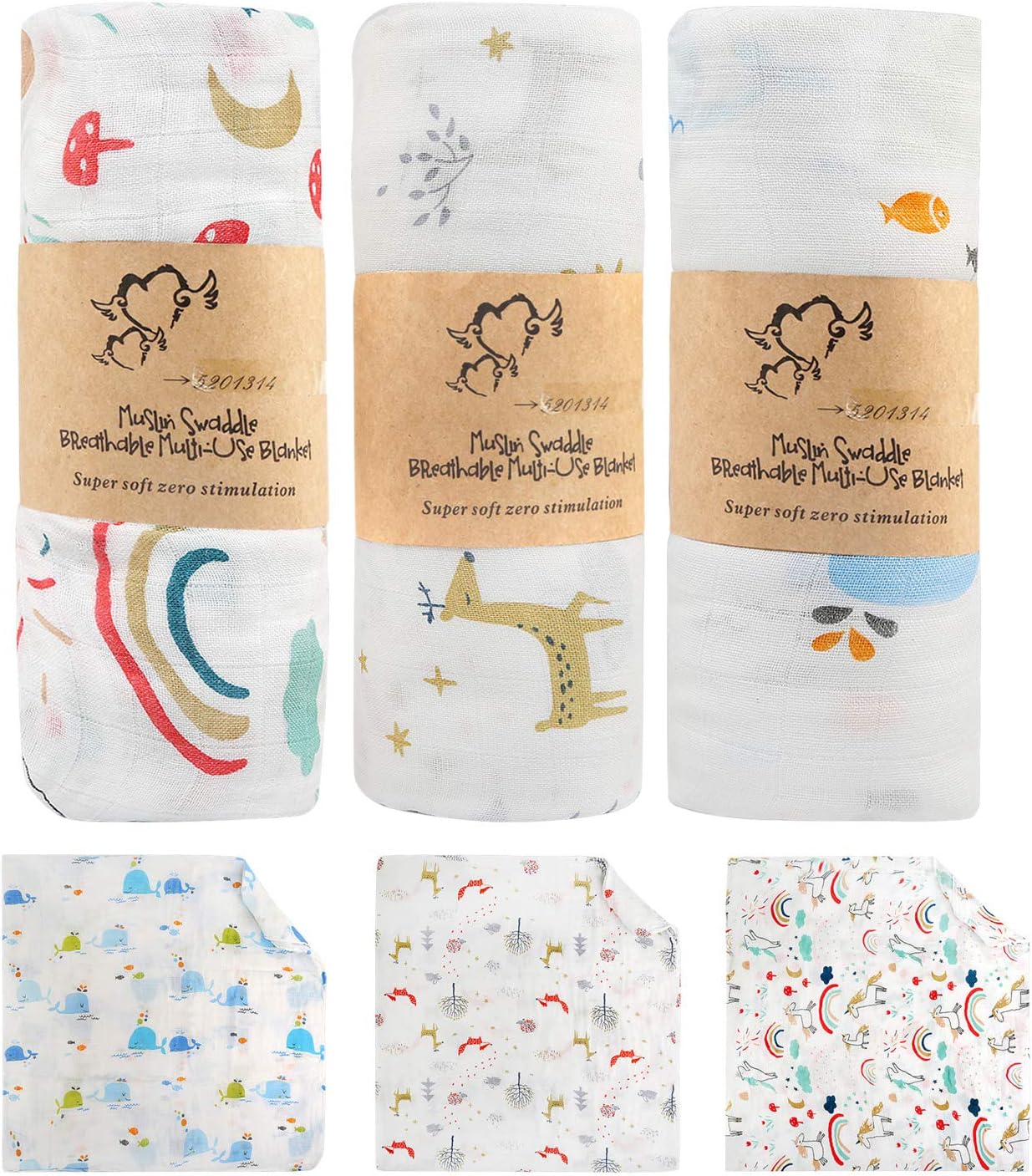 Muslin Swaddle, Soft Bamboo Cotton 120cm x 120cm Large Baby Swaddle Wrap Receiving Blankets for Newborns Infant Shower Gift Set - 47"x 47", 3 Pieces
