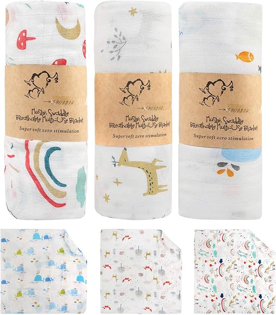 BelleStyle Muslin Swaddle, Soft Bamboo Cotton 120cm x 120cm Large Baby Swaddle Wrap Receiving Blankets for Newborns Infant Shower Gift Set - 47"x 47", 3 Pieces