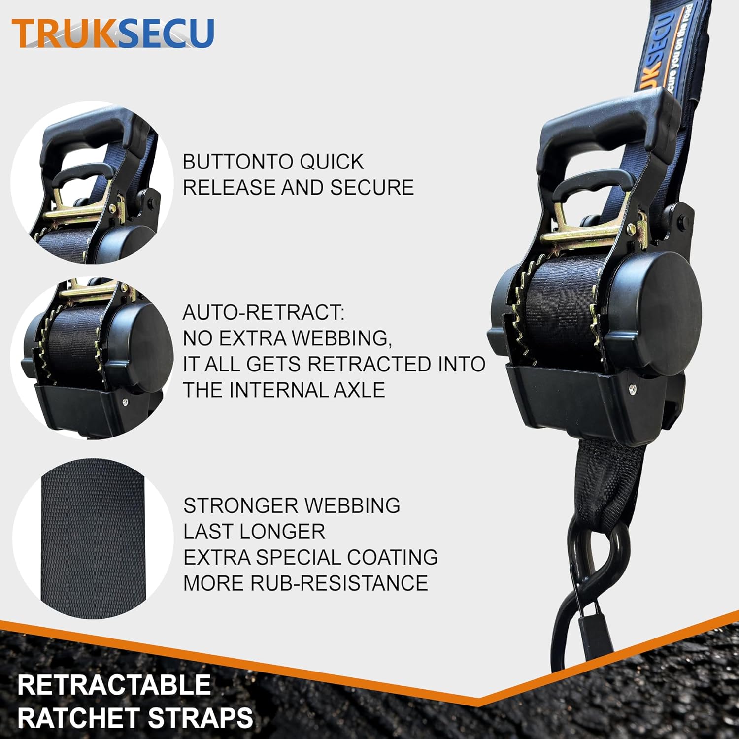 Retractable Ratchet Straps, 2 Inch x 10 Feet, 4400 lbs Breaking Strength, Heavy Duty Tie Down Set with Storage Bag, 2 Pack, Black