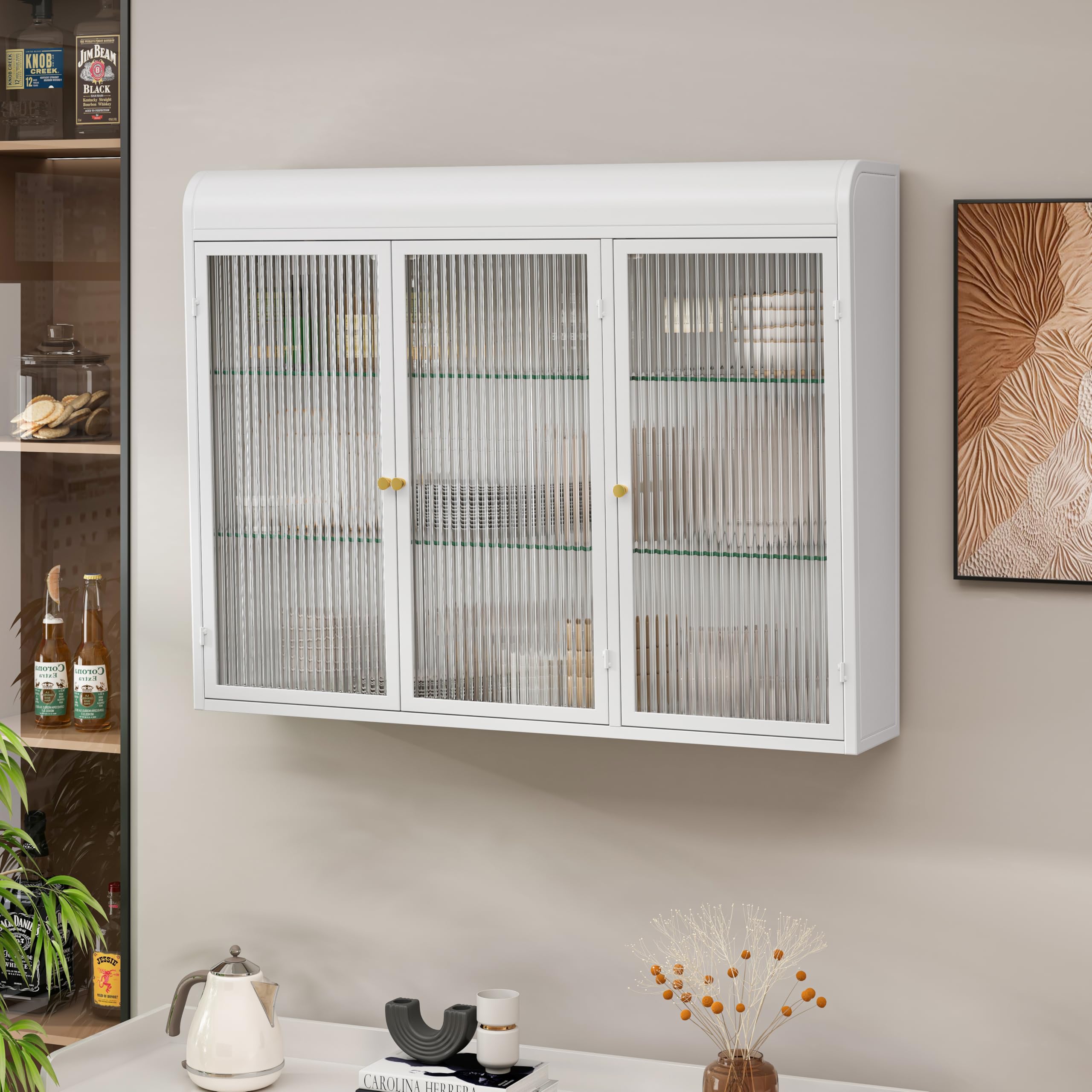 Cabinet in vetro a 3 porte, con montaggio a parete, per la casa e il bagno (bianco)