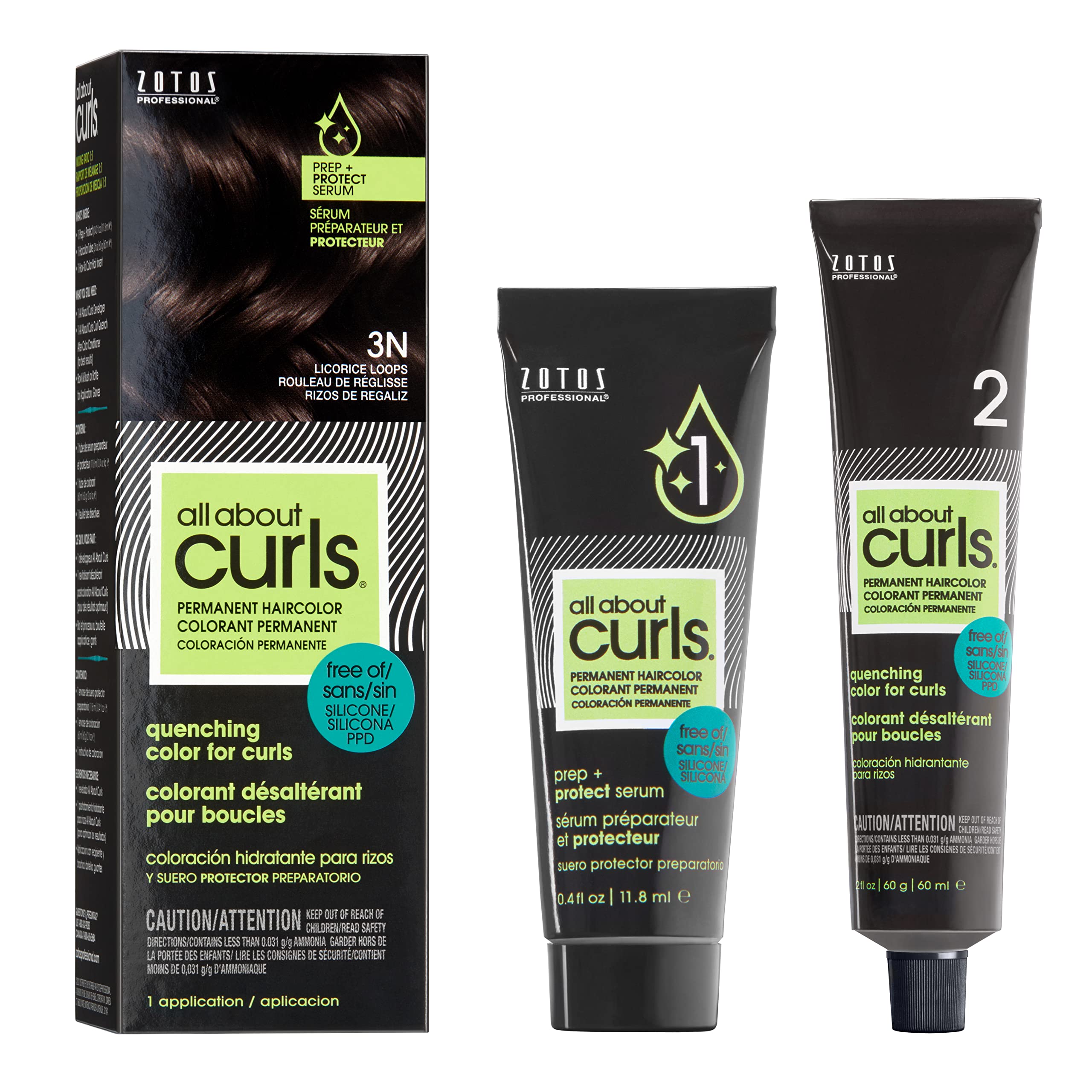 Buy All About Curls Permanent Hair Color Dye, Gray Coverage, Prep & Protect Serum, 3N Licorice
