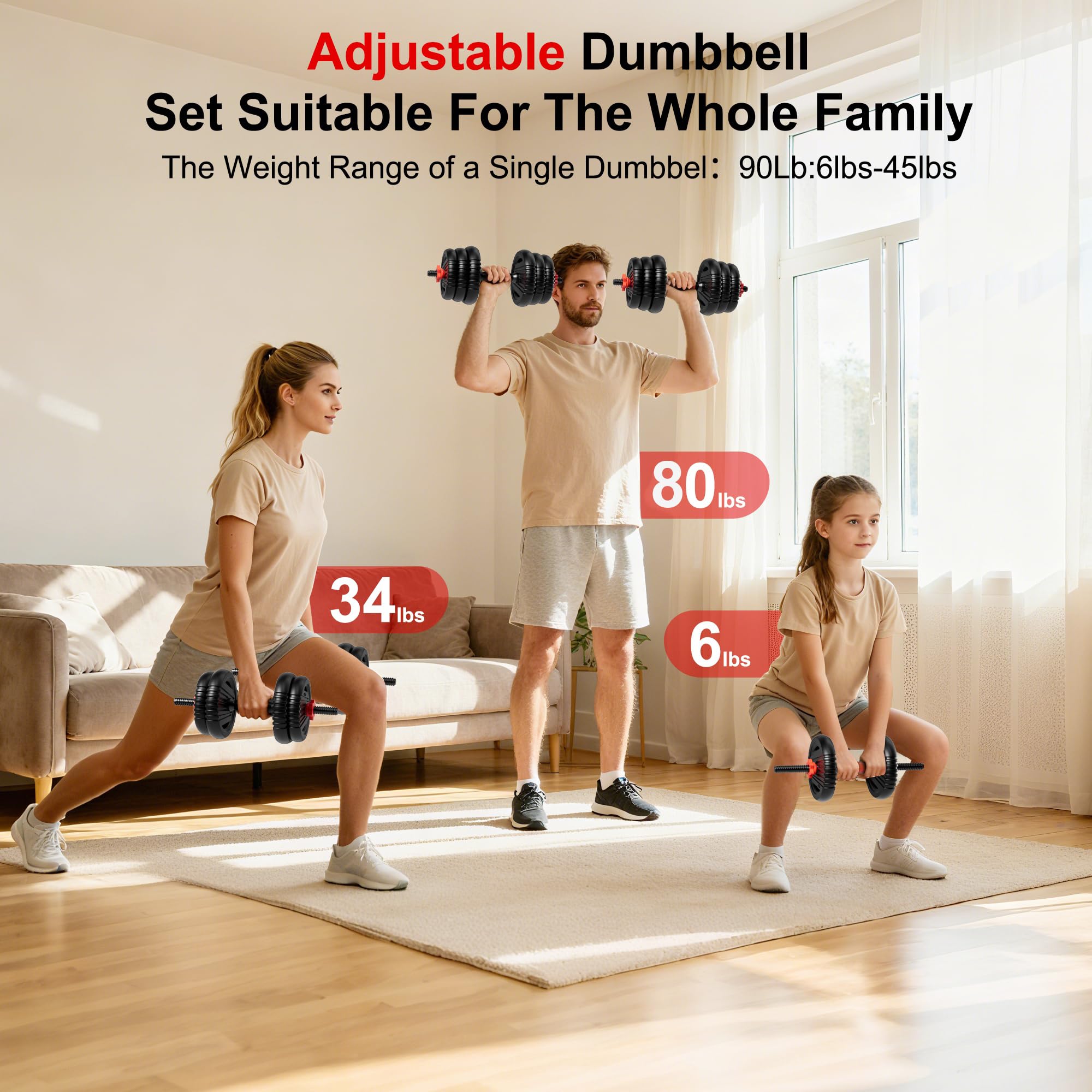 Adjustable Dumbbell Set,20/30/45/70/90lbs Free Weight with Connector | 5 in1 Dumbbells Set Used as Barbell, Kettlebells, Push up Stand,Weight Plate, Fitness Exercises for Home Gym