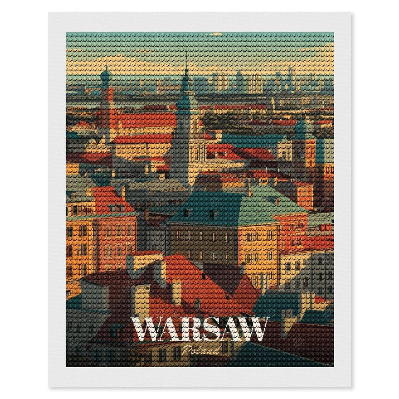 Junmoney Warsaw, Poland Cityscape Illustration Round Drill Diamond Painting 16"x20", for Women, Relaxing DIY Hobby, Bedroom Decor, Christmas Gift, Adhesive Canvas
