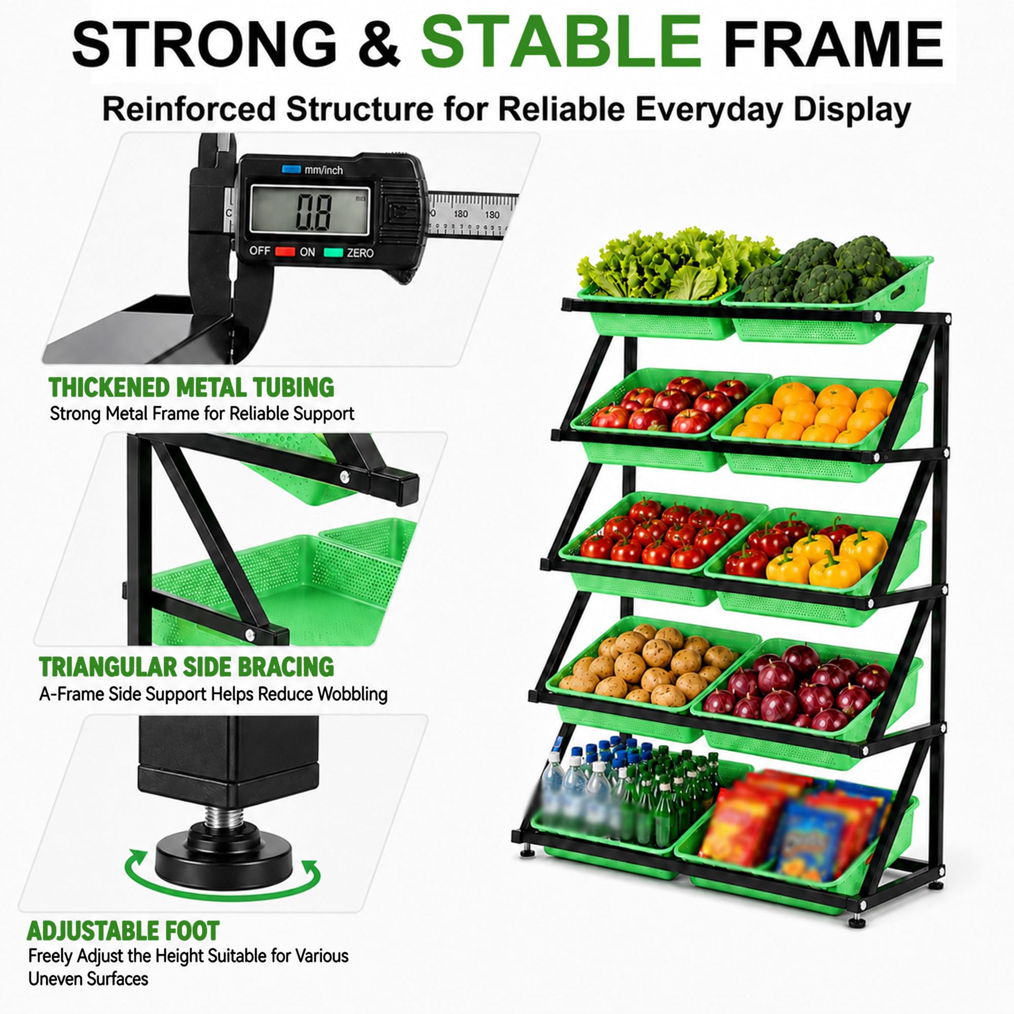 Espositore da supermercato per frutta e verdura con 10 cestini Black-5Tier