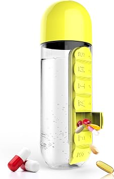 Asobu Combine Daily Pill Box Organizer with Water Bottle, 20 oz, Black Yellow