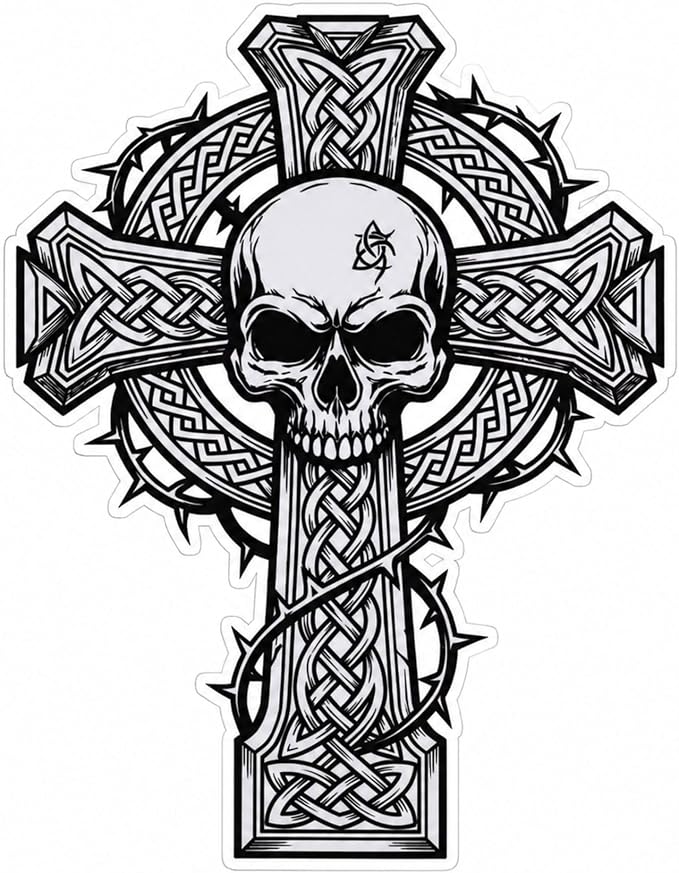 1 or 2 Pack Skull Celtic Cross Vinyl Sticker, Gothic Biker Car Decal, Holographic Prism Finish, Celtic Knot Die Cut Decal for Car Truck Window Helmet Motorcycle Suitcase Laptop (White)