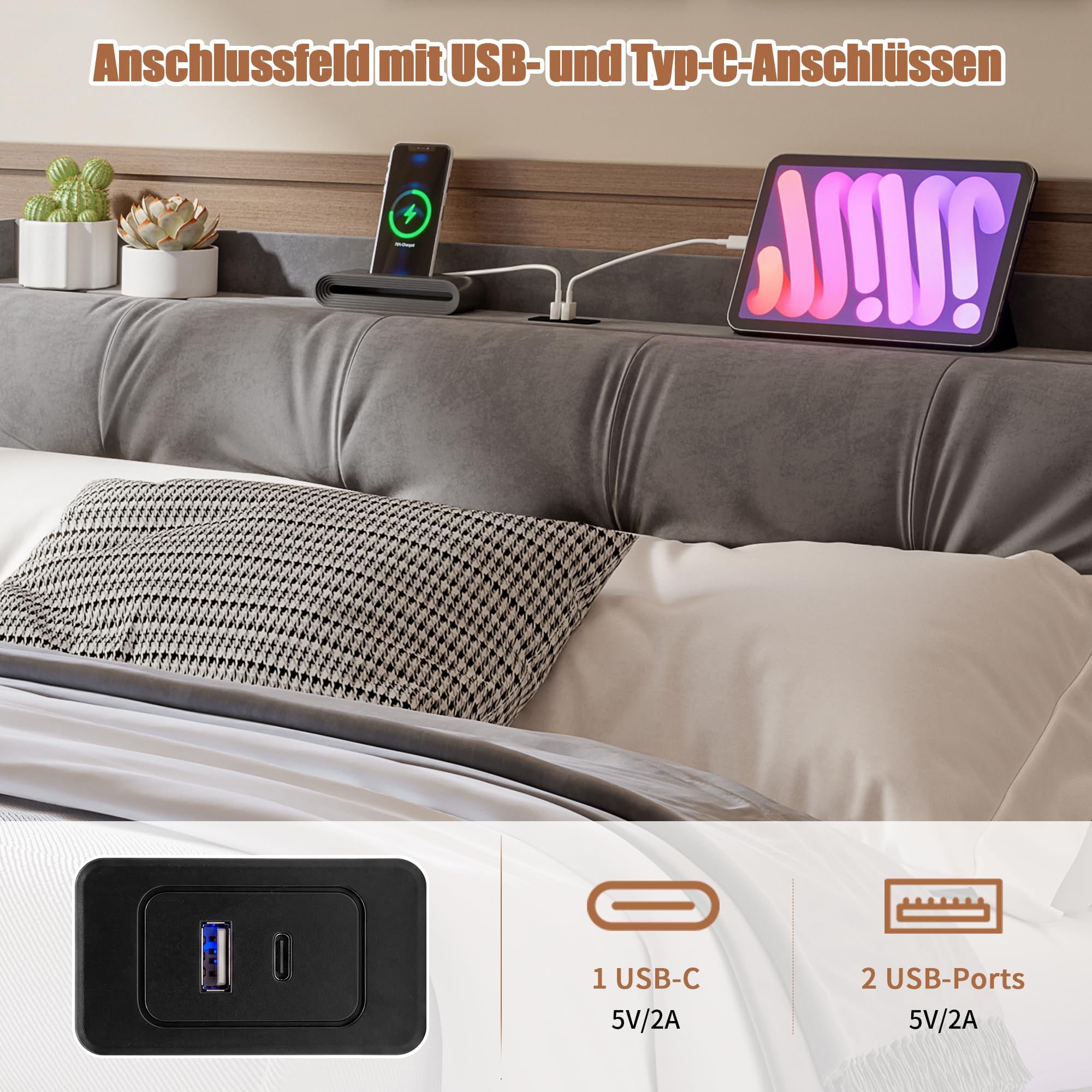 140 x 200 cm podwójne łóżko oświetlenie LED, złącze USB, miejsce do przechowywania | Pamięć hydrauliczna, regulowane oświetlenie LED, stacja ładująca USB, aksamitny zagłówek, drewniany stelaż, bez materaca