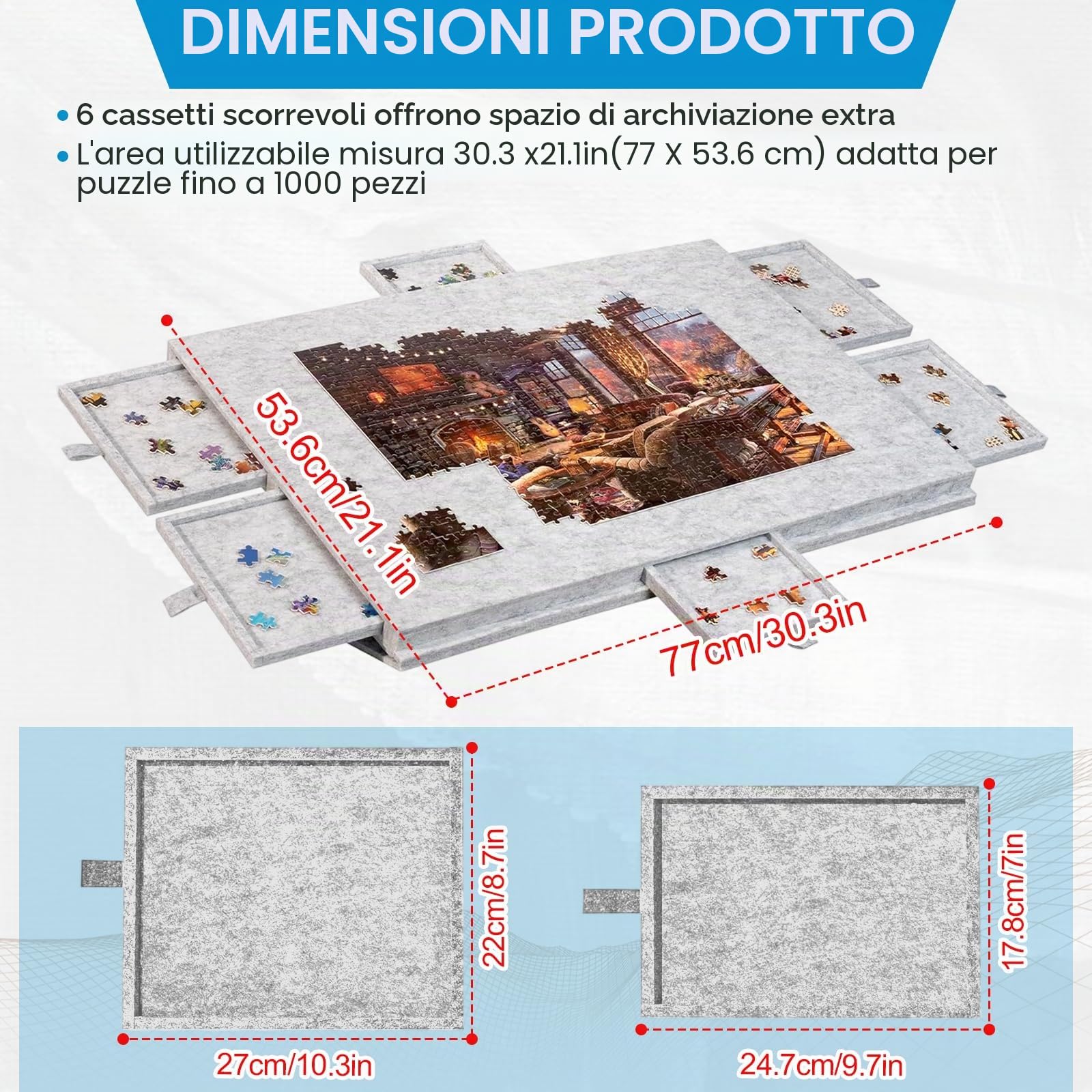 Tavola Puzzle Pieghevole,Tavolo Puzzle Inclinabile con 6 Cassetti,Leggero in Feltro Puzzle Plateau con Supporto e Copertura Progettati 2 in 1 Portatile Salvaspazio Può Ospitare 1000 pezzi (Grigio)