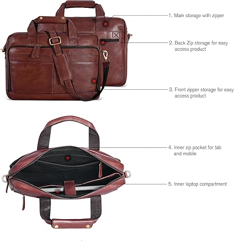 Vista 43 de Oak Leathers Leather Messenger Bag for Men and Women - Laptop Briefcase Bag For College, Office, Adjustable Shoulder Strap Nuez