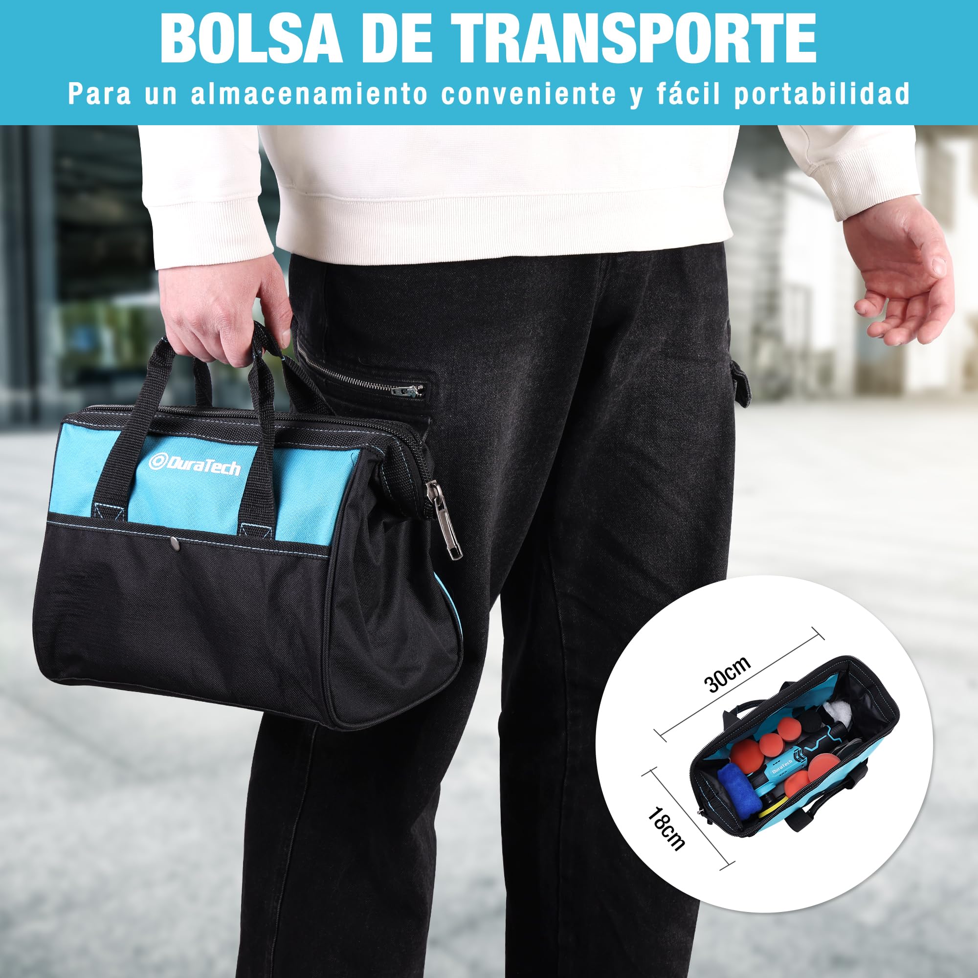 DURATECH Pulidora Inalámbrica 12 V, Pulidora a Batería, Mini Pulidora 3000 RPM, Pulidora Orbital con Platos de 50 mm y 80 mm, Accesorios y Bolsa de Almacenamiento para Coche, Muebles y Metal