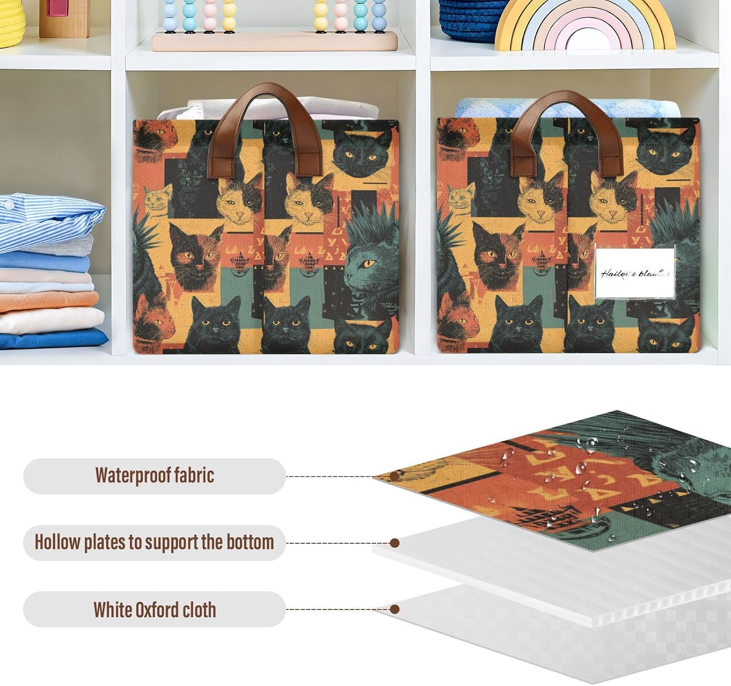 Retro Style Punk Cat Yellow Fabric Foldable Storage Baskets Closet Storage Bins with Handles Storage Containers for Bedroom, Office, Closet, Clothes, Kids Room, Nursery