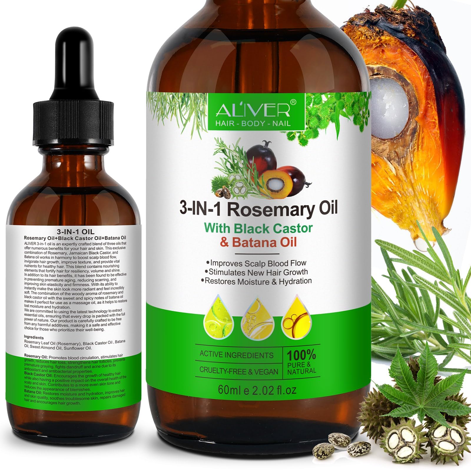 Batana 3In1 Hair Growth Oil - Rosemary & Black Castor Oil, Restores Moisture & Hydration, Volume And Shine 60Ml