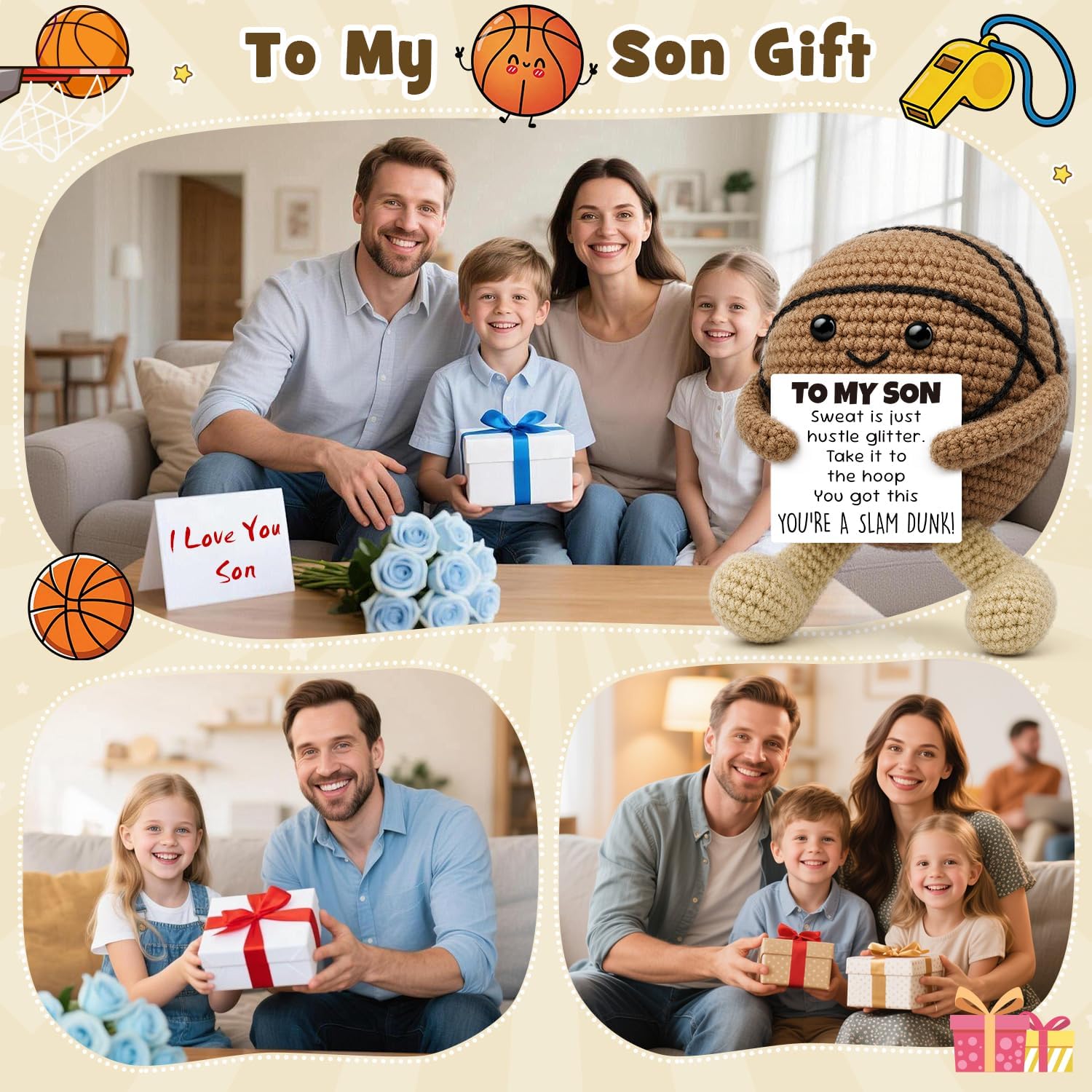 Inspirational Graduation Gifts for Son 2026 from Mom Dad, Handcrafted Crochet Basketball Keepsake, Basketball Gifts for Teen Boys Adult Bonus Son, Motivational Sports Desk Room Decor Accessories
