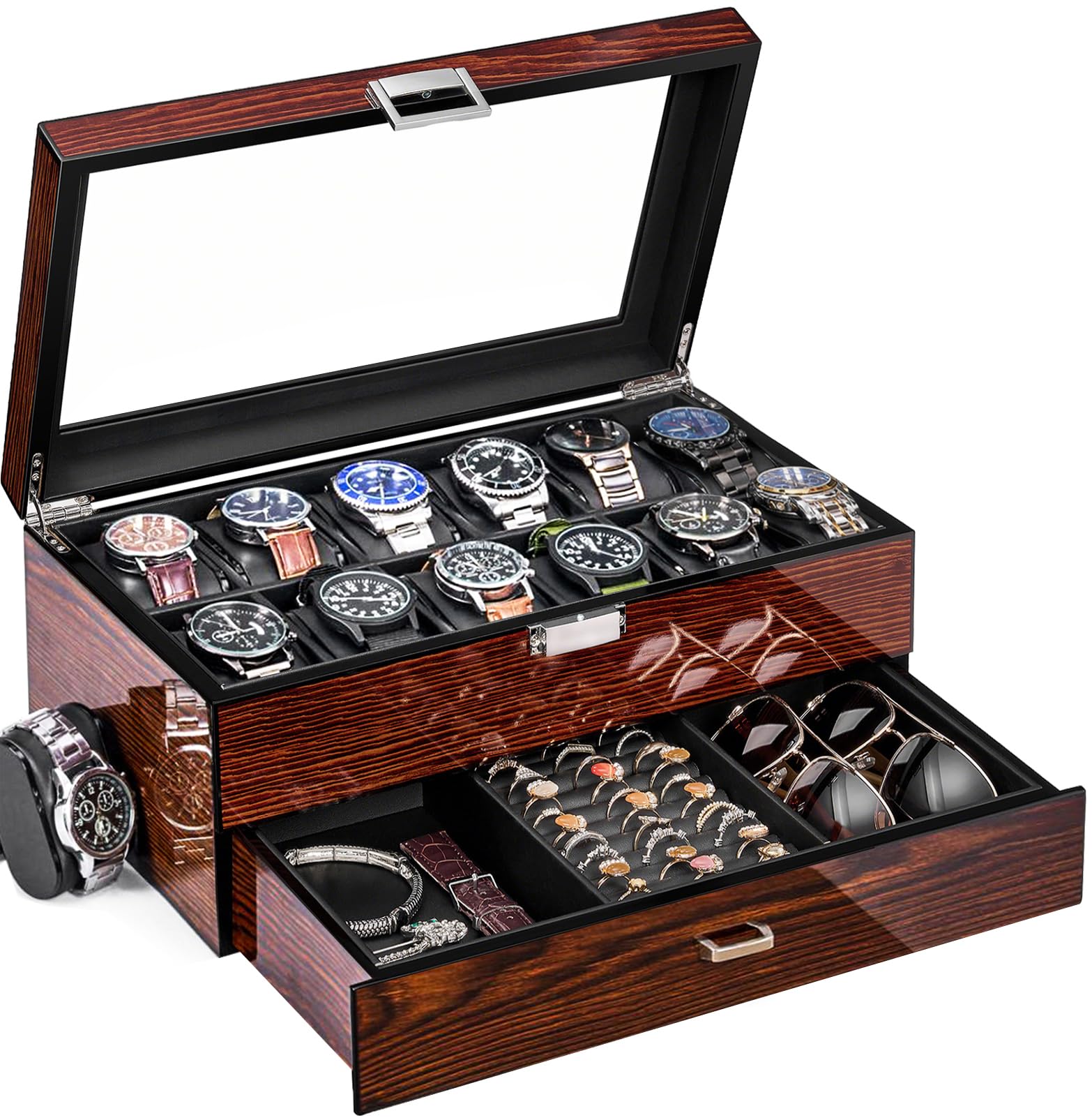 BEWISHOME High-End Watch Case, 12 Slot Wooden Watch Box with Valet Drawer, 2-Layer Watch Display Case for Jewelry, Watch Holder, Watch Organizer for Men Women Brown ESSH02Y