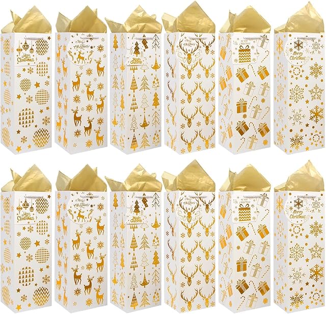 VEYLIN Bottle Gift Bag, 12 Pack Gold Christmas Wine Cover Bag with Handle and Tags for Winter Holiday Party Decoration
