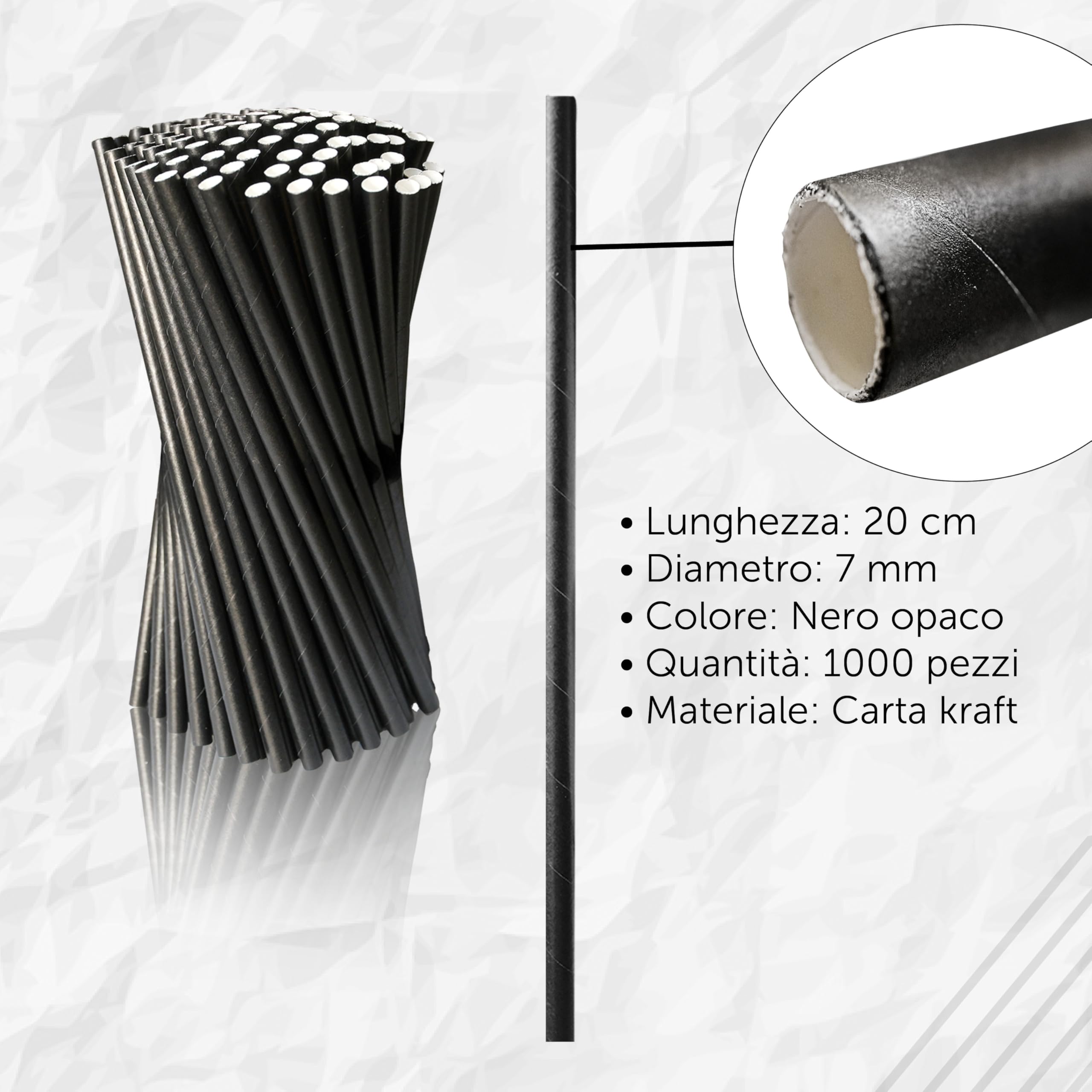 DETERMONDO 1000 Cannucce Cocktail Carta Nera 20 cm x 7 mm Biodegradabili Compostabili Ecologiche per Bevande Fredde, Bar, Feste, Locali e Ristorazione