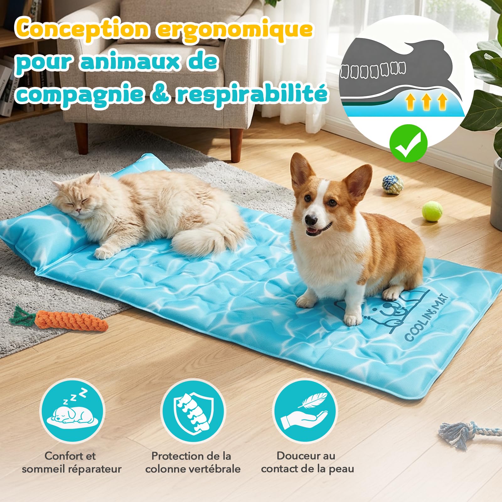 JONRRYIN Tapis Rafraîchissant pour Chien et Chat, 60x108cm Coussin Auto-Rafraîchissant, Tapis Fraîcheur Imperméable & Antidérapant, Pliable & Léger pour Intérieur, Extérieur