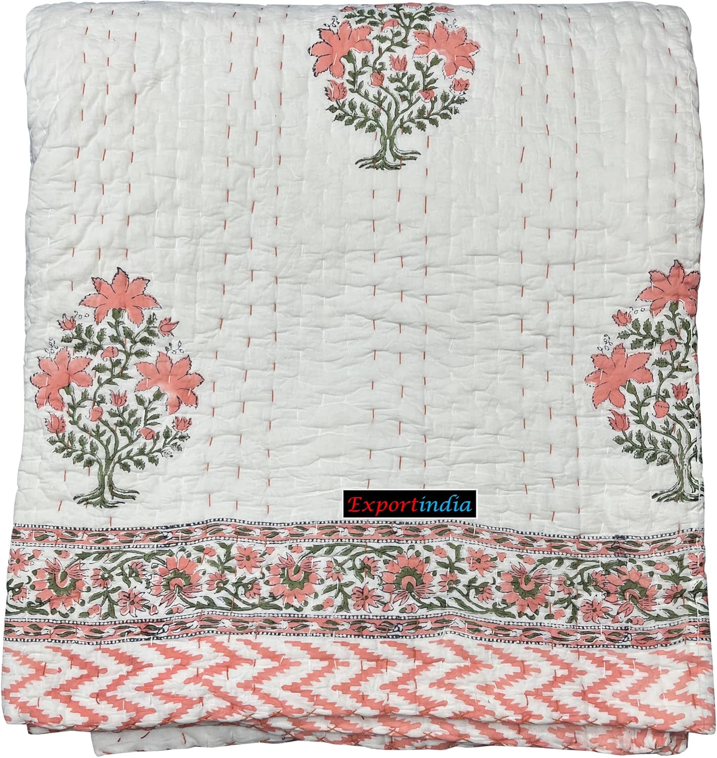 New Hand Block Print Kantha Quilt Cotton Jaipuri Hand Made Cotton Kantha Quilt Blanket Bedding Throw Hand Block Print (Pink, King/Queen Size 90x108 Inch)