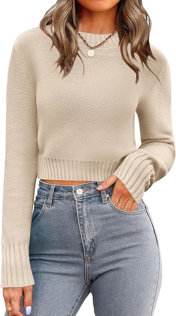 Zeagoo Chandail d'automne à col rond pour femmes 2026 Trendy Soft Ribbed Knit Long Sleeve Pull Jumper Tops