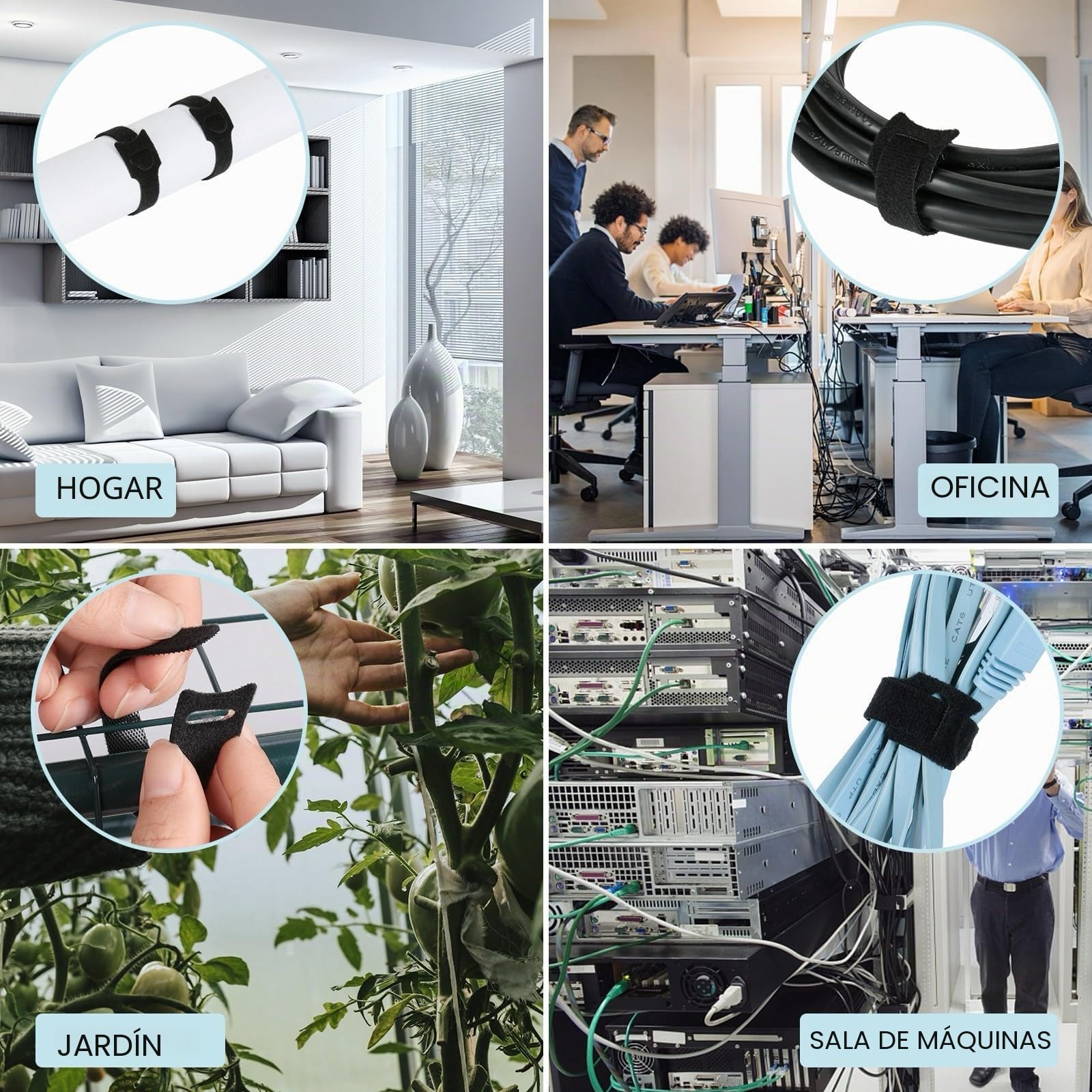 JUEGO DE 100 ataduras de cable reutilizables, negros, autoadhesivos y extra resistentes para una gestión óptima de los cables, bridas cables ajustables y resellables