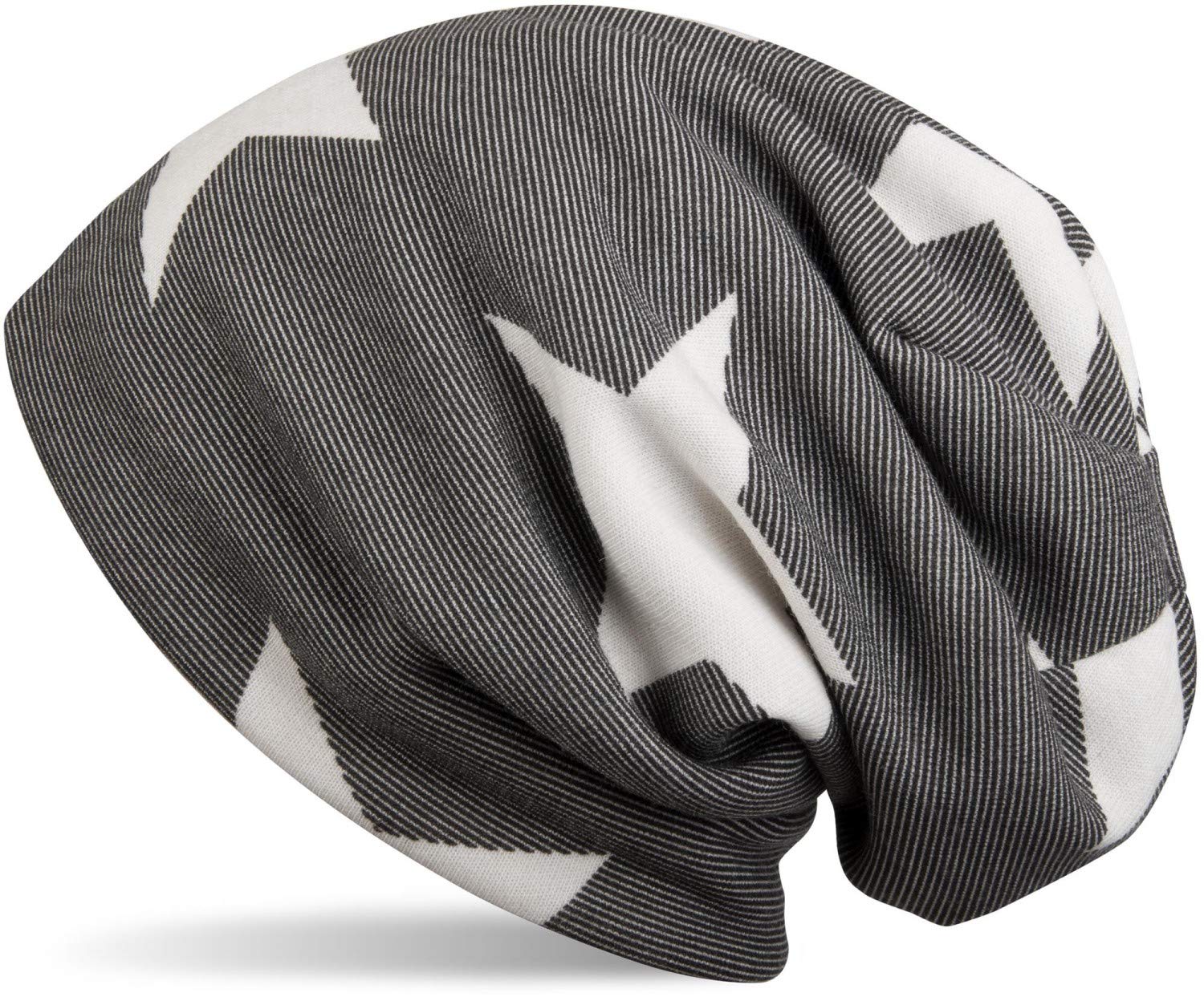 styleBREAKER Striped Pattern Classic fine Knit Slouch Beanie with Star Application, Unisex 04024054, Colour:Black