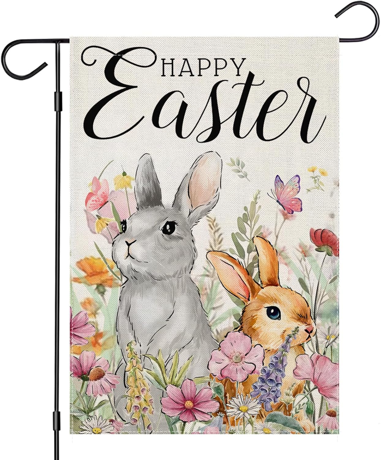 Happy Easter Garden Flags for Outside, Watercolor Bunny with Flowers Small Seasonal Decoration for Holiday Anniversary Yard Outdoor Decor 12x18 Inch Double Sided