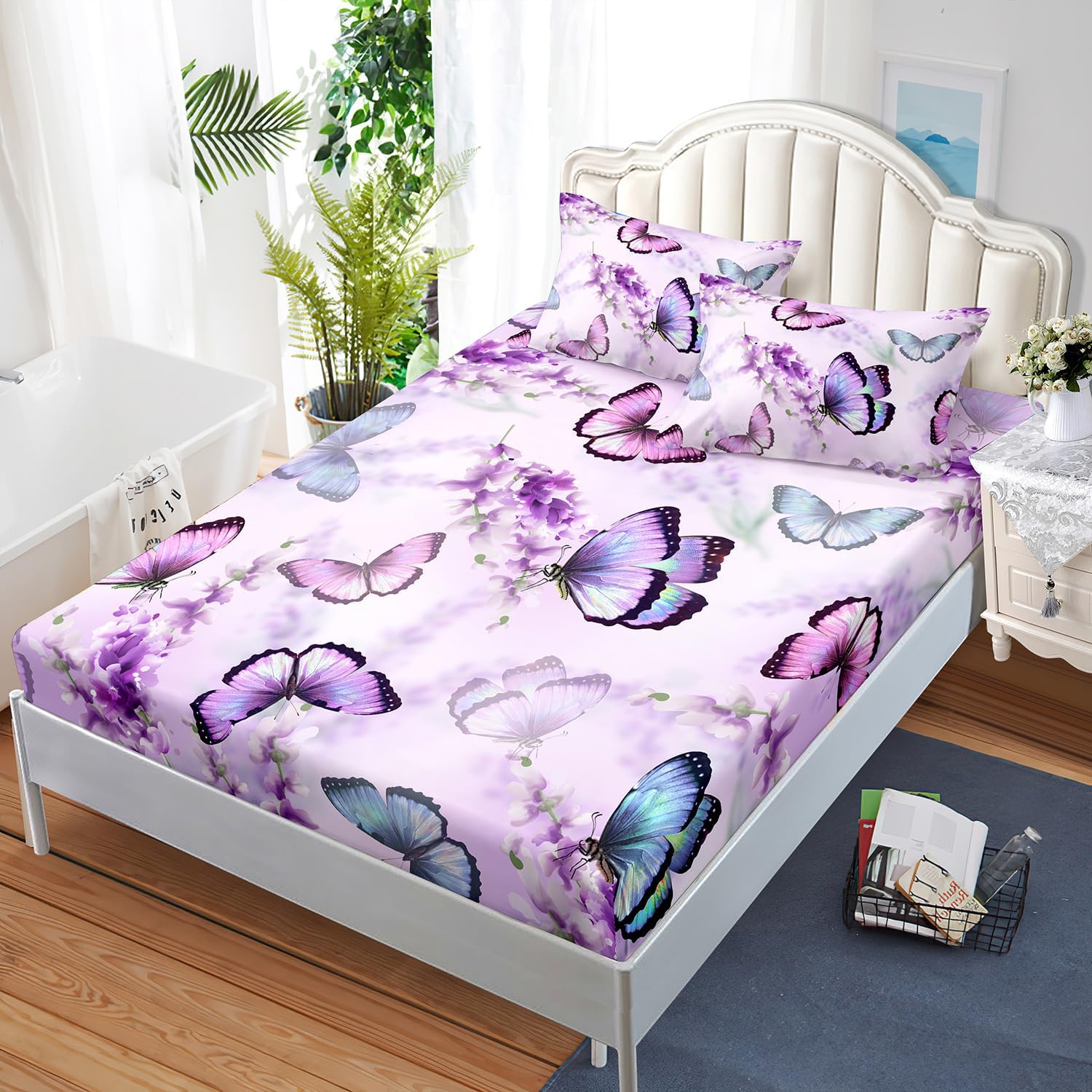 Butterfly Lavender Fitted Sheet Deep Pocket Kids Colorful Butterfly Quilt Bed Sheet Full for Kids Boys Girls Include 1 Fitted Sheets & 2 Pillowcases No Flat Sheet
