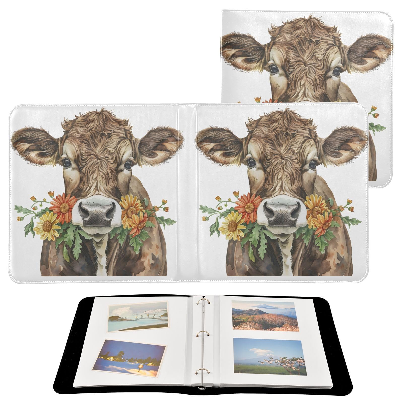 JIPONI Cute Cattle with Wild Flower Large Photo Album, DIY Leather Cover Scrapbook Albums for 4x6 5x7 6x8 Pictures, Self Adhesive Memory Book for Wedding, Baby, Family