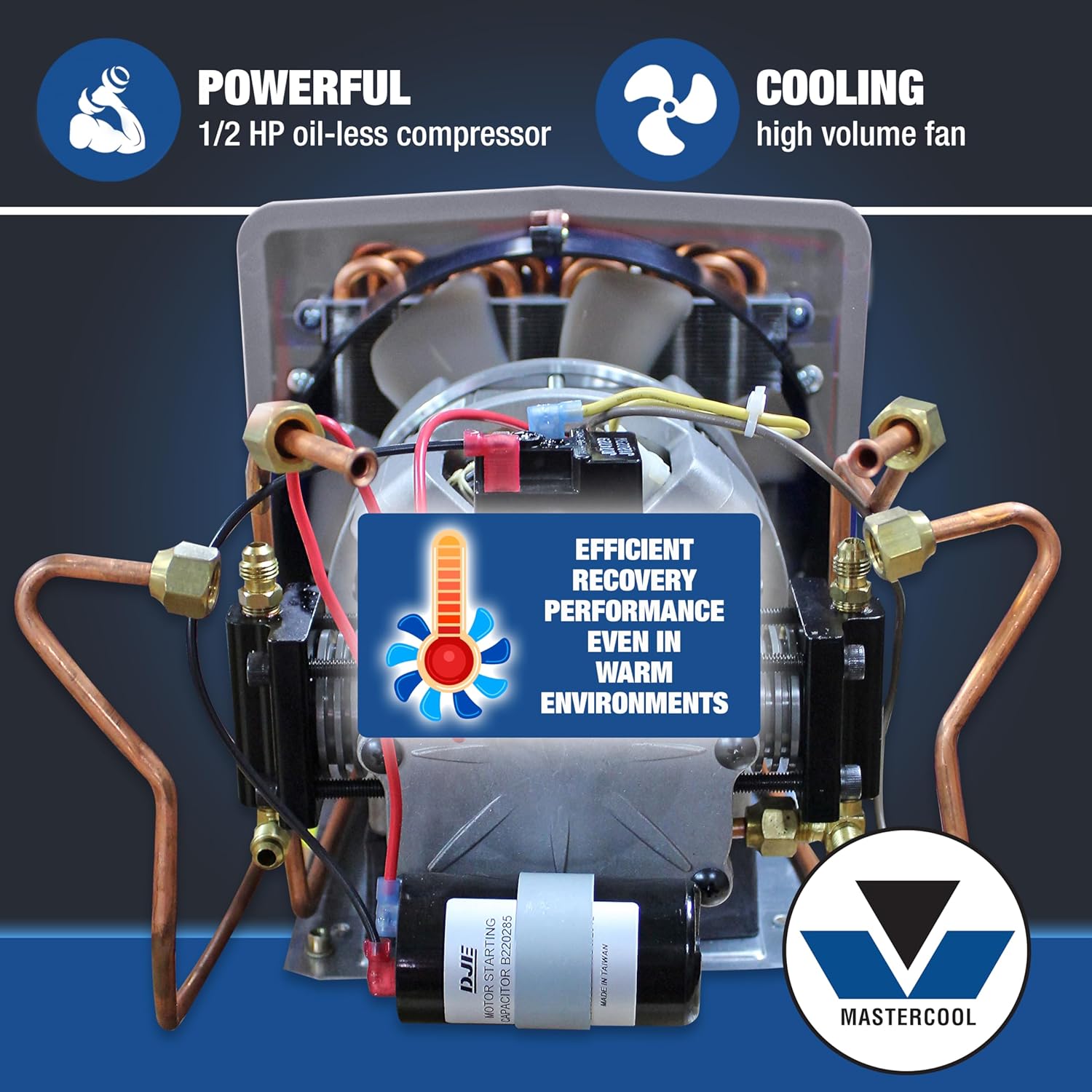 Mastercool 69365 Twin Turbo Refrigerant Recovery System – 50 lb DOT Tank with Float Switch, Dual-Piston Compressor, Complete Kit for Fleet and Automotive R134a, R22, R404A, R410A