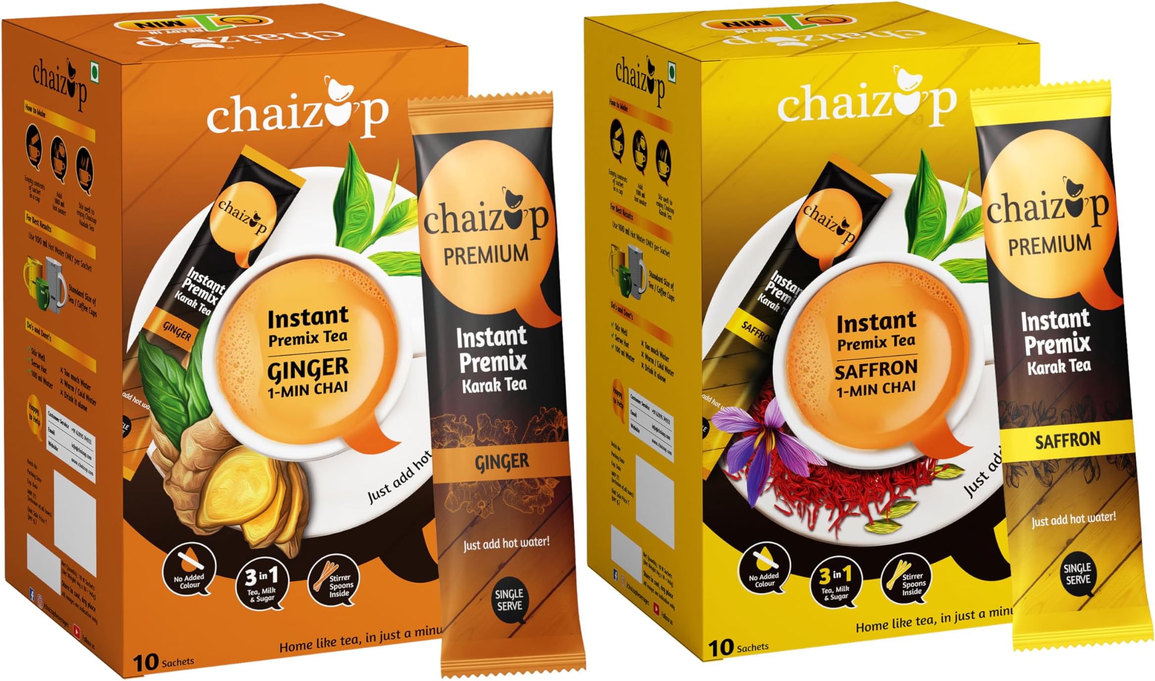 Premium 1 Min Instant Assorted Tea Pack - 20 Sachets | Ginger & Saffron Flavours | 20 Servings | 2 Packs (10 Flavours Each) | 280g