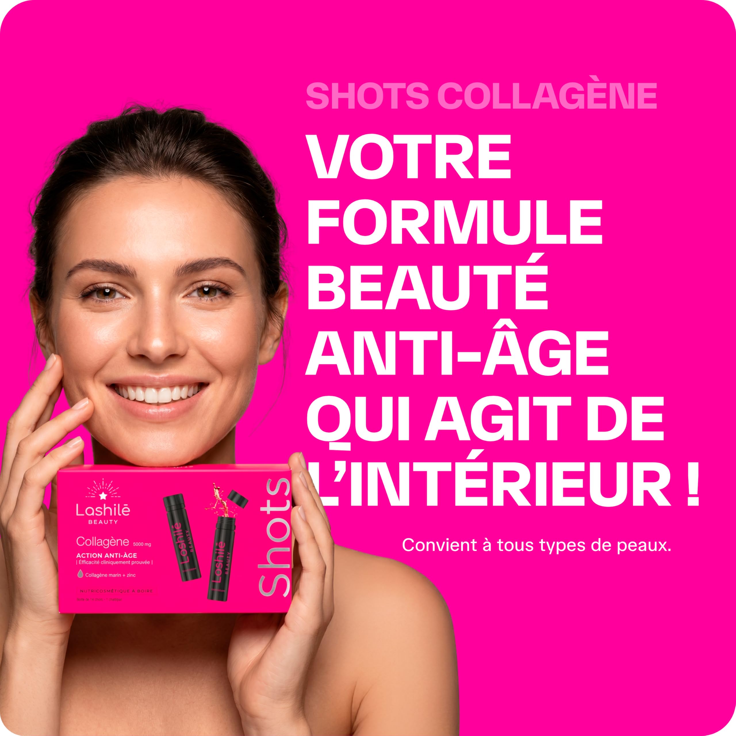 Lashilé Beauty - Complément Alimentaire - Anti-âge Global - Shots Collagène Marin 5000 mg - Type 1 et 3 -Nutricosmétique à boire - Collagène marin 1 et 3 Zinc - Made in France - Programme 1 mois