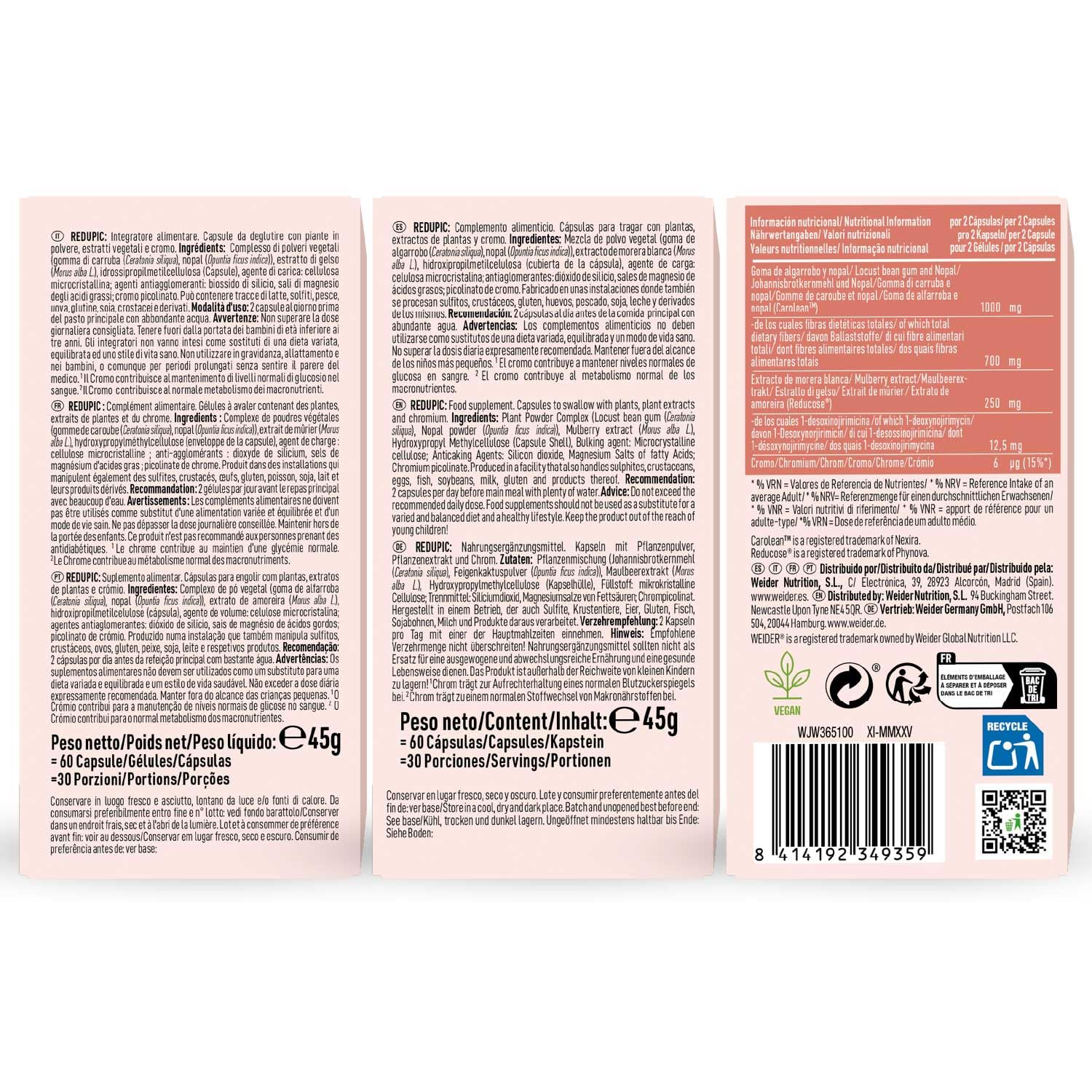 Weider Redupic (60 cápsulas) Ayuda a regular los niveles de glucosa y el apetito | con extractos naturales de Algarrobo y Nopal (Carolean™) y Morera blanca (Reducose®), con Cromo, 30 porciones
