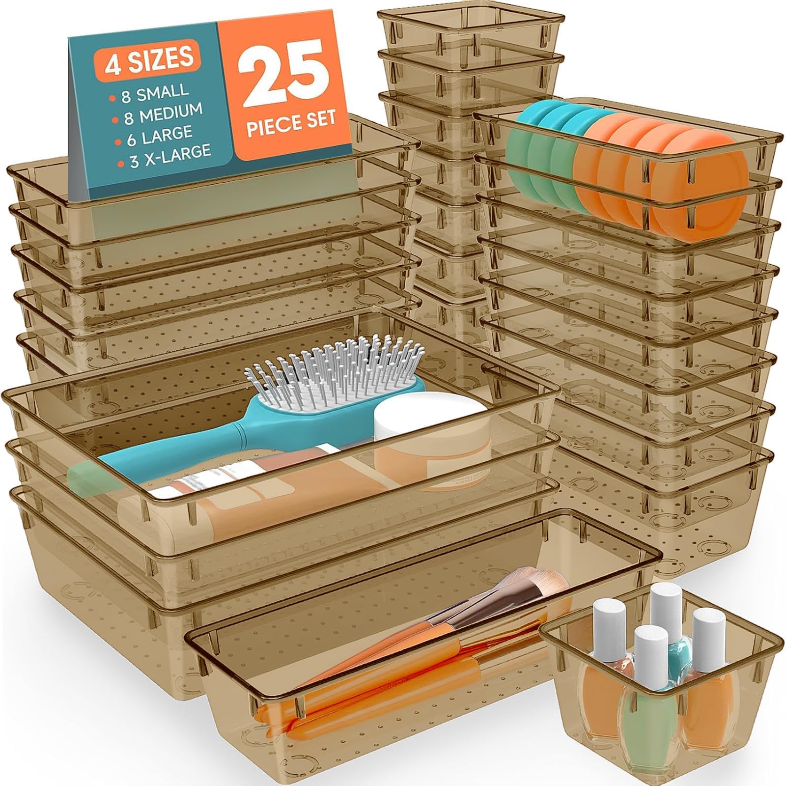 SpaceHacks 25 PCS Plastic Drawer Organizer, 4-Size Versatile Organizer Trays &amp; storage Bins