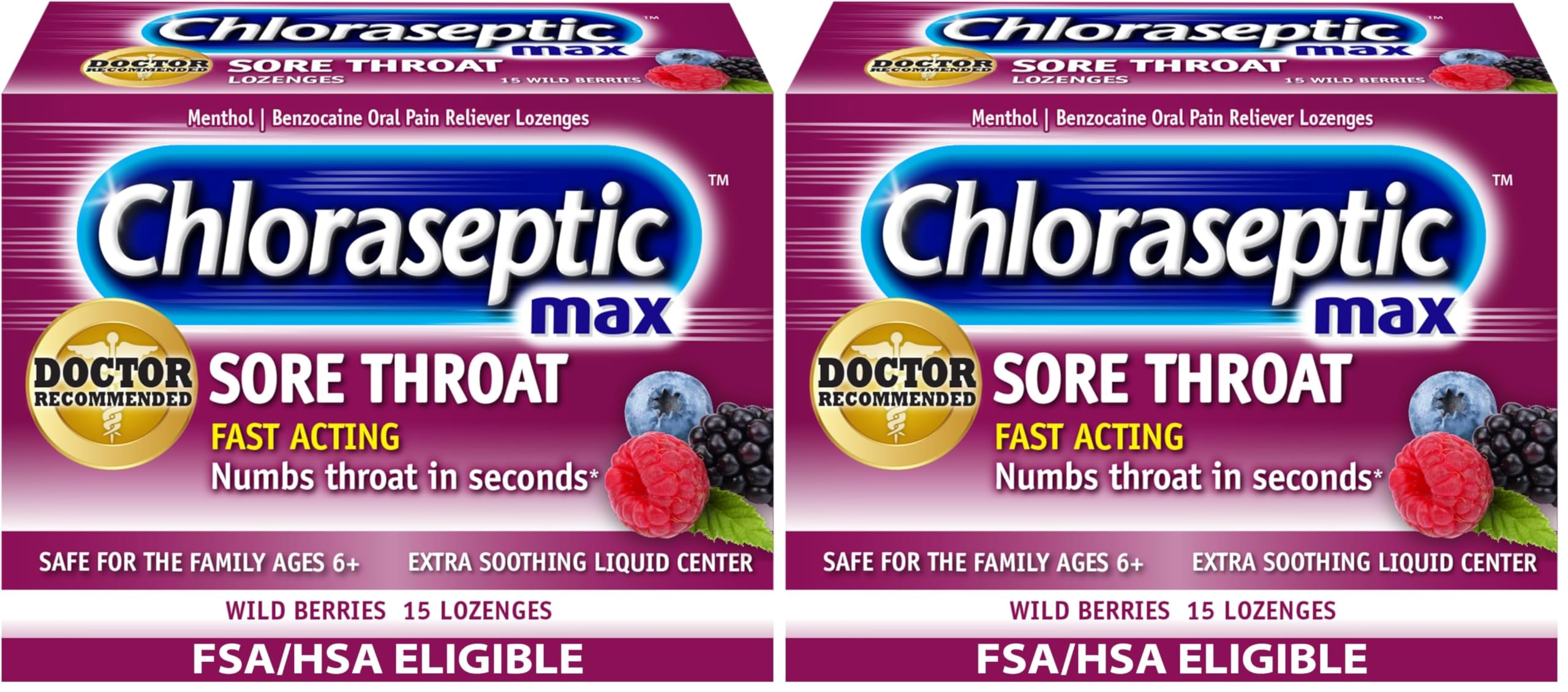 Max Strength Sore Throat Lozenges, Wild Berries, 15 Count, 2 Pack