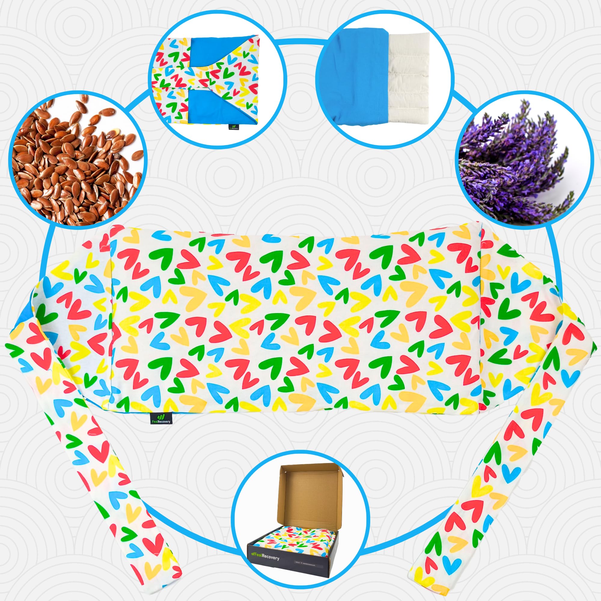 Faja Térmica Lumbar de Semillas - Almohada de Calor para Espalda Calentar en Microondas (50x25 cm) - Saco Térmico Grande con Funda Lavable, Tela de Algodón 100% y Olor a Lavanda (Corazones)
