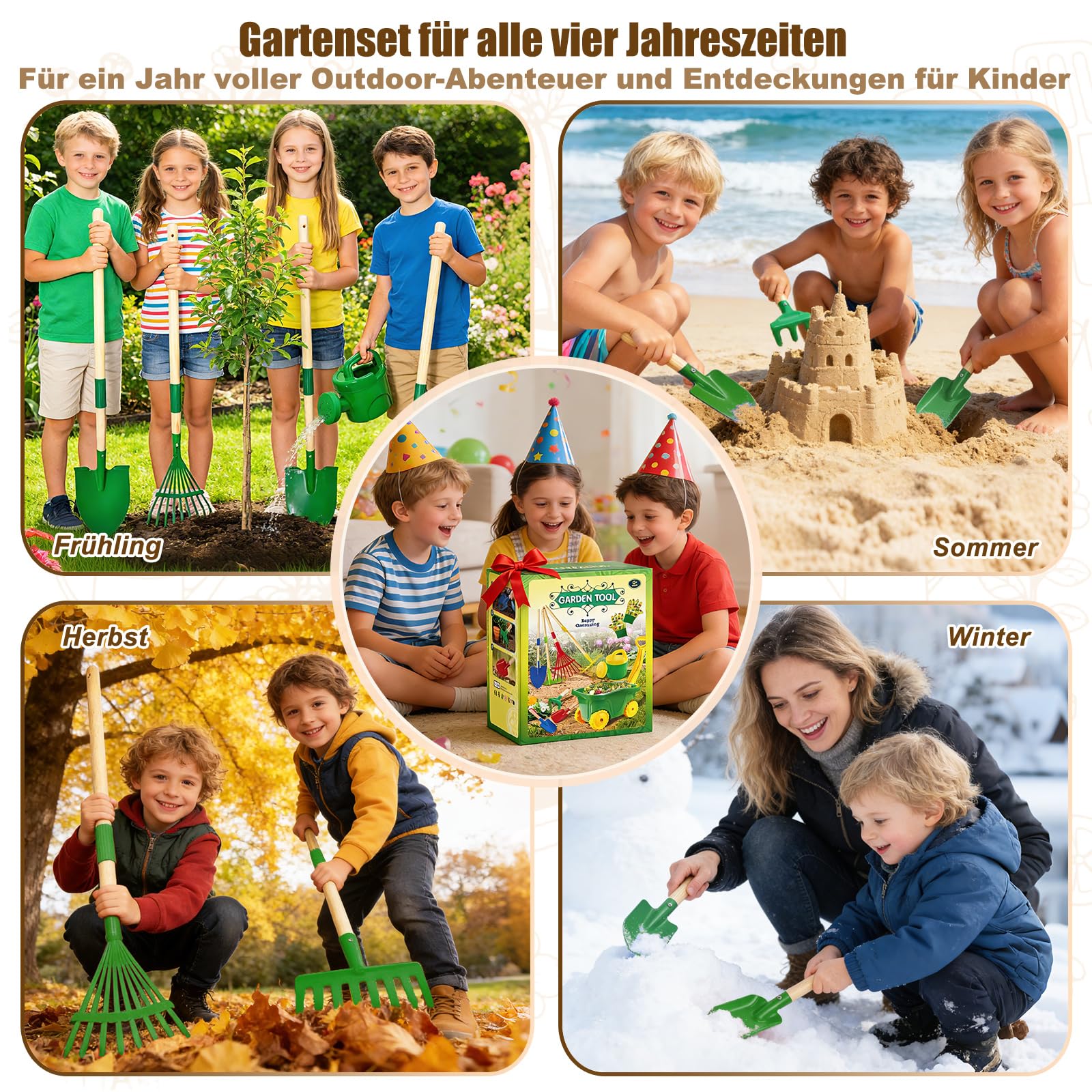 Schubkarre für Kinder, 13-teiliges Gartenwerkzeug Set mit Schaufel, Rechen, Gießkanne, Handschuhe, Sticker (Grün)