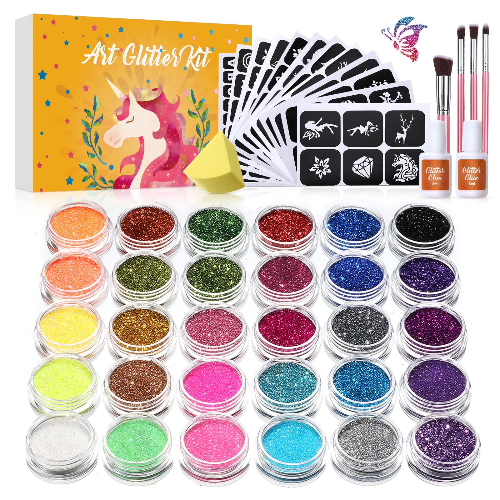 Amazon.com : Temporary Glitter Tattoo for Kids, Bledras 30 Colors Kids  Tattoo Set, 147 Stencils, 4 Brushes, 2 Glue, Flash Tattoo Kit for Girls,  Boys and Adults, Carnival Festival, Cosplay Parties, Gift