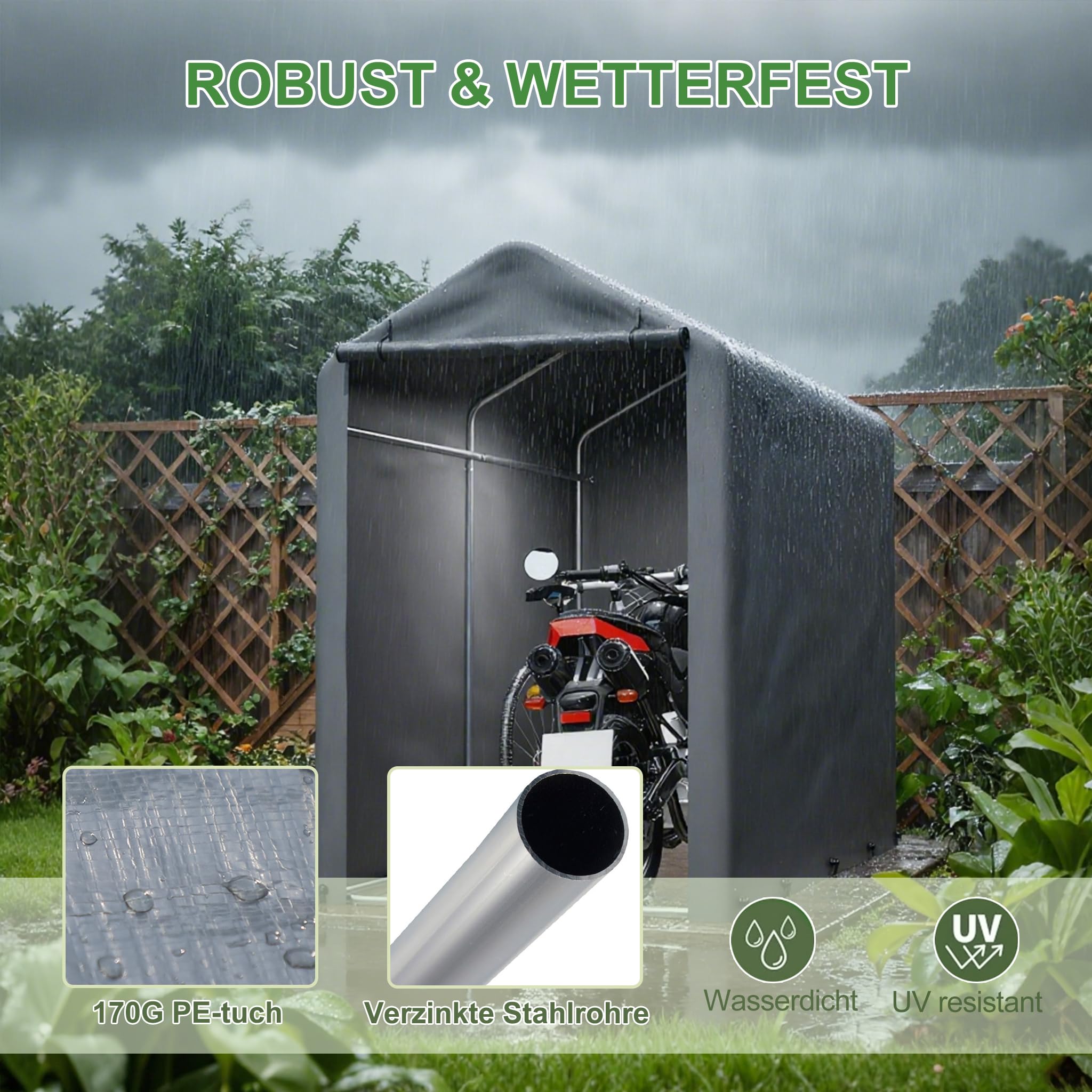 Fahrradgarage 187x100x160 cm, Carport Zelt Wetterfest, UV-Schutz, Wasserdicht, Fahrradzelt, Zeltgarage Geräteschuppen für 2 Fahrräder, Auto, SUV, Motorrad, Boot, Gartenhaus, Grau
