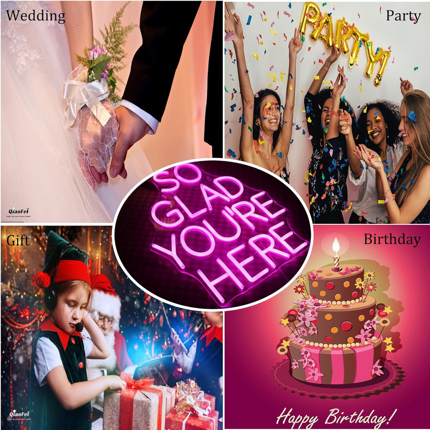 QiaoFei LED "So Glad You Are Here" Neon Sign Pink Word/Letters USB Powered Neon Lights for Bar Coffee Room Home Art Wall Decor ​ Birthday/Wedding Party Window Living Room Decor(pink)