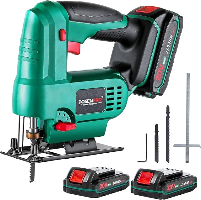 Cordless Jigsaw, POSENPRO 20V Jig Saw Tool with 2x2000mAh Batteries, 1H Fast Charger, 0-2,400SPM Speed, ±45° Bevel Cutting, 2Pcs Blades for Wood, Plastic and Metal Cuts - PCJS20