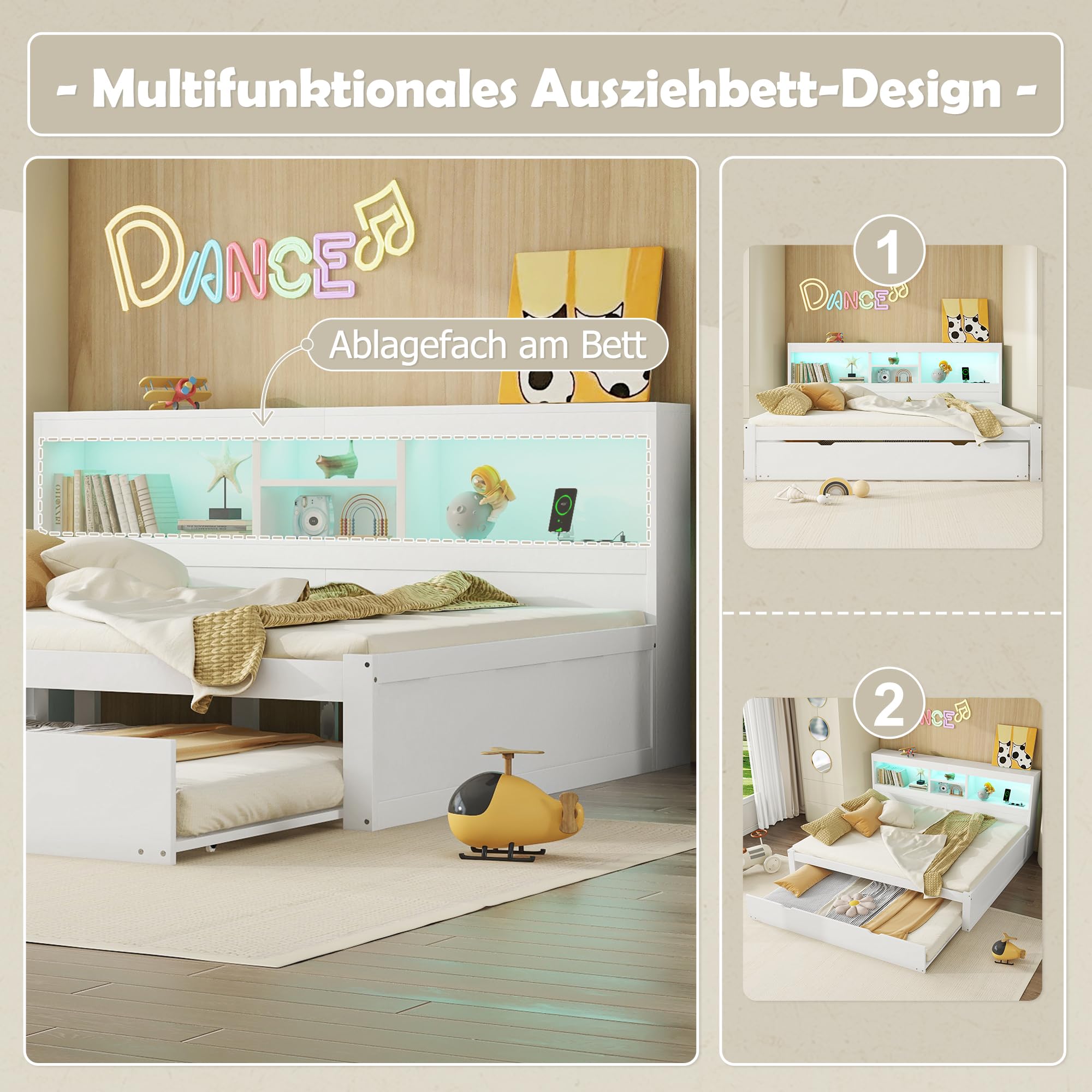 Gegtuon Doppelbett Holzbett 140x200 mit LED-Licht & USB-Buchse für Kinder, Jugendbett Funktionsbett mit Ausziehbares Bett und Stauraum Regal, Bettgestell mit Lattenrost aus Holz, ohne Matratze, Weiß