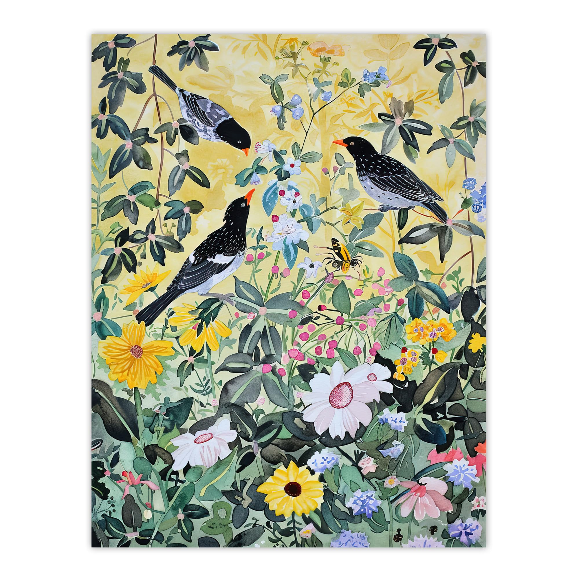 Artery8 - Wall Art Print - Birds in Blooming Spring Wildflower Field - W18" x H24" - Yellow