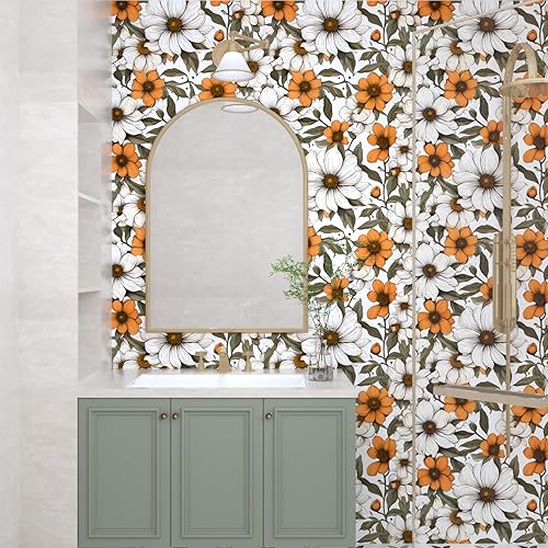 Miniatura 6 de Papel tapiz floral blanco amarillo para despegar y pegar, papel tapiz de vinilo adhesivo para armarios, papel de pared autoadhesivo impermeable para