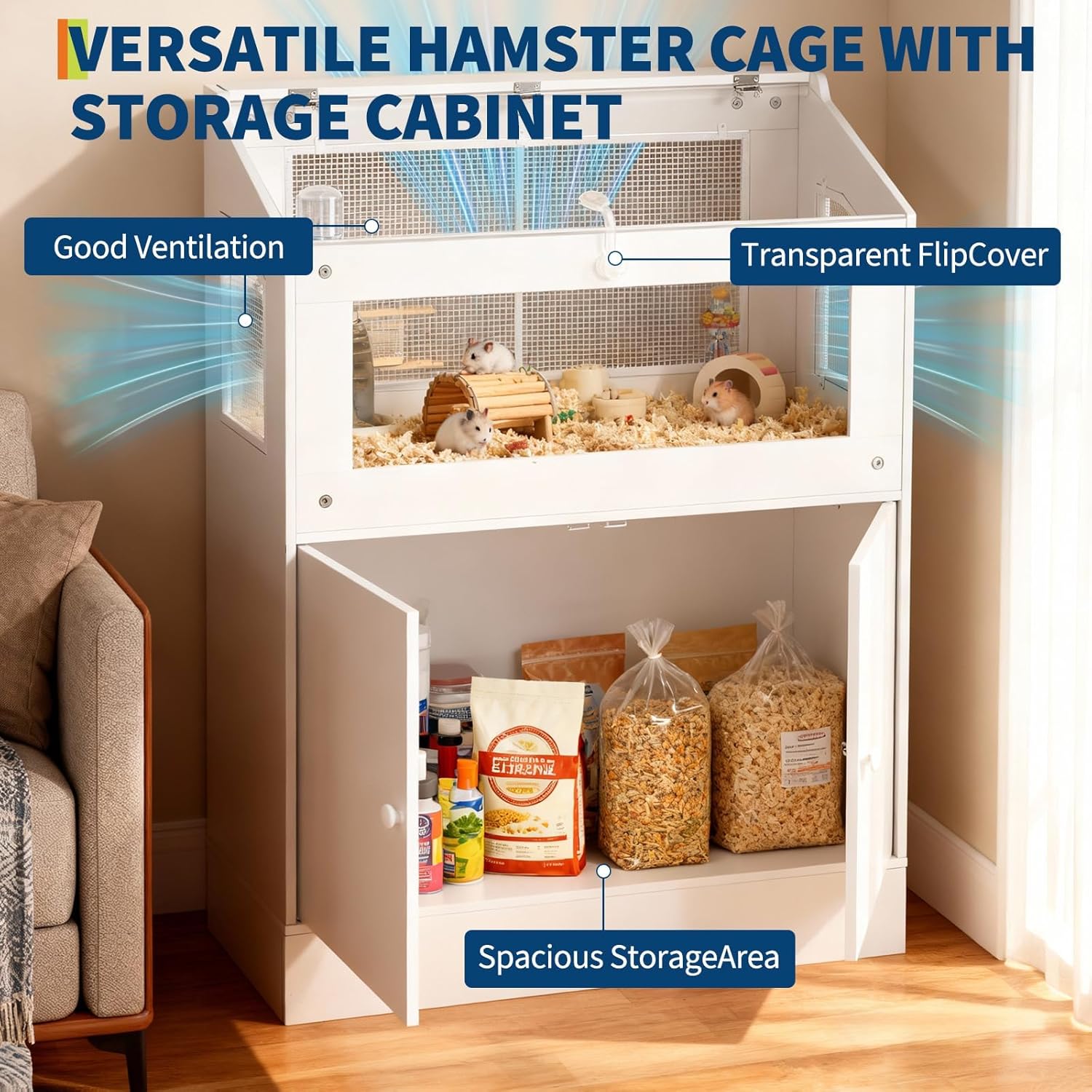 Hamster Cage with Storage Cabinet, Clear Acrylic Small Animal Enclosure, Ventilated Habitat for Gerbils, Rats, Guinea Pigs, Transparent Pet Cage with Cabinet Base