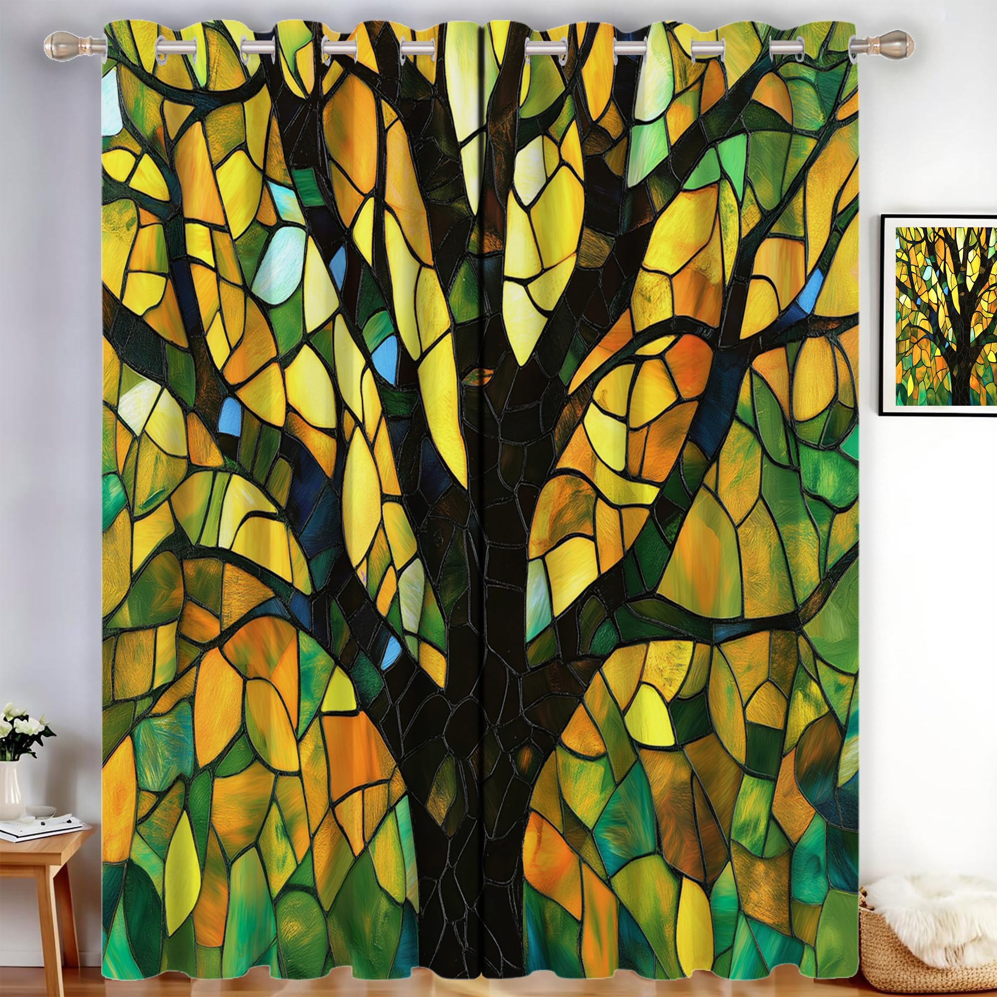 Rideau occultant vitrail et arbres géométriques 117x183cm vert