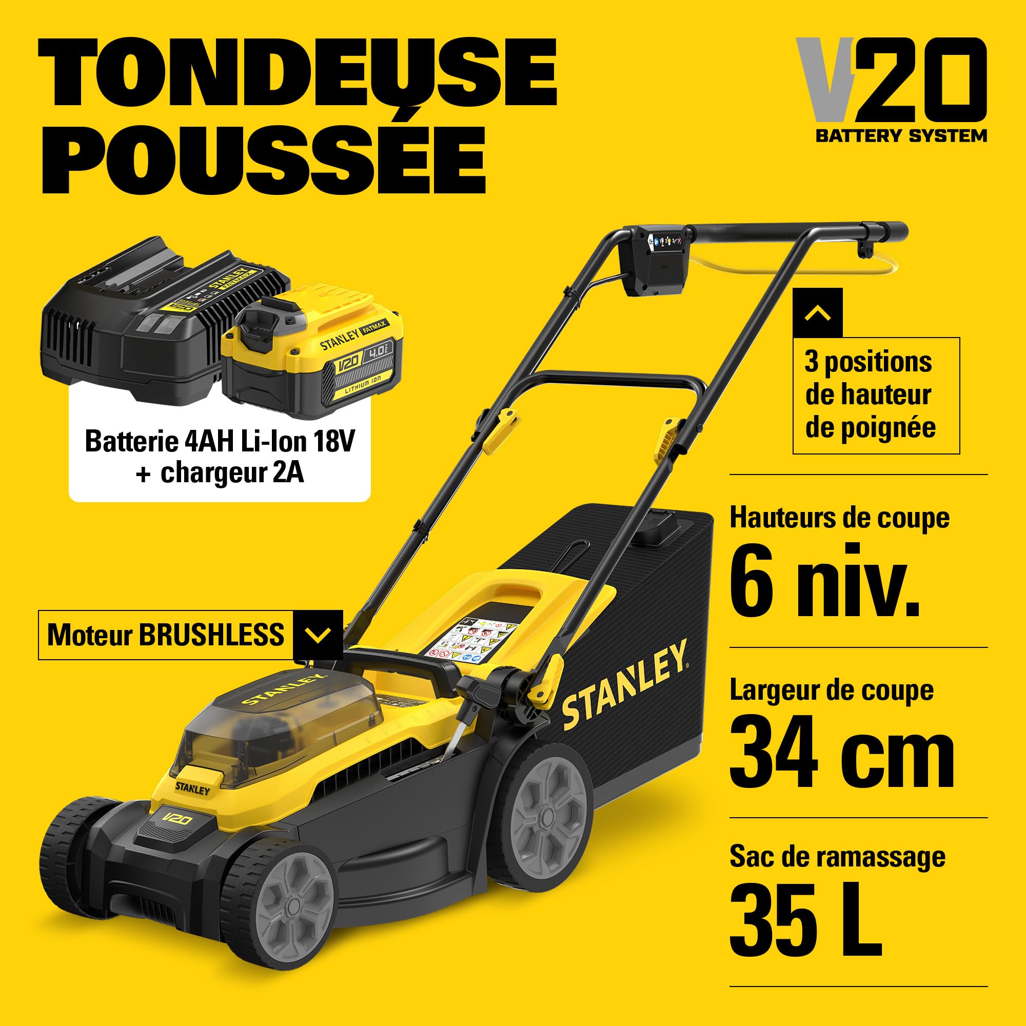 Stanley V20 Tondeuse à Gazon sans Fil 34 cm 18V 4Ah Li-Ion Brushless
