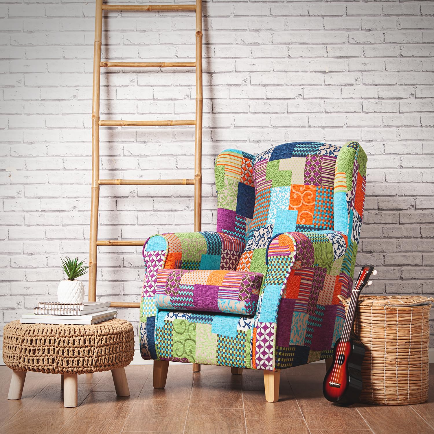 SUENOS ZZZ Sillón Irene Sillón Orejero De Lactancia Tapizado En Tela Patchwork Azul Para Dormitorio Salón O Habitación De Bebé