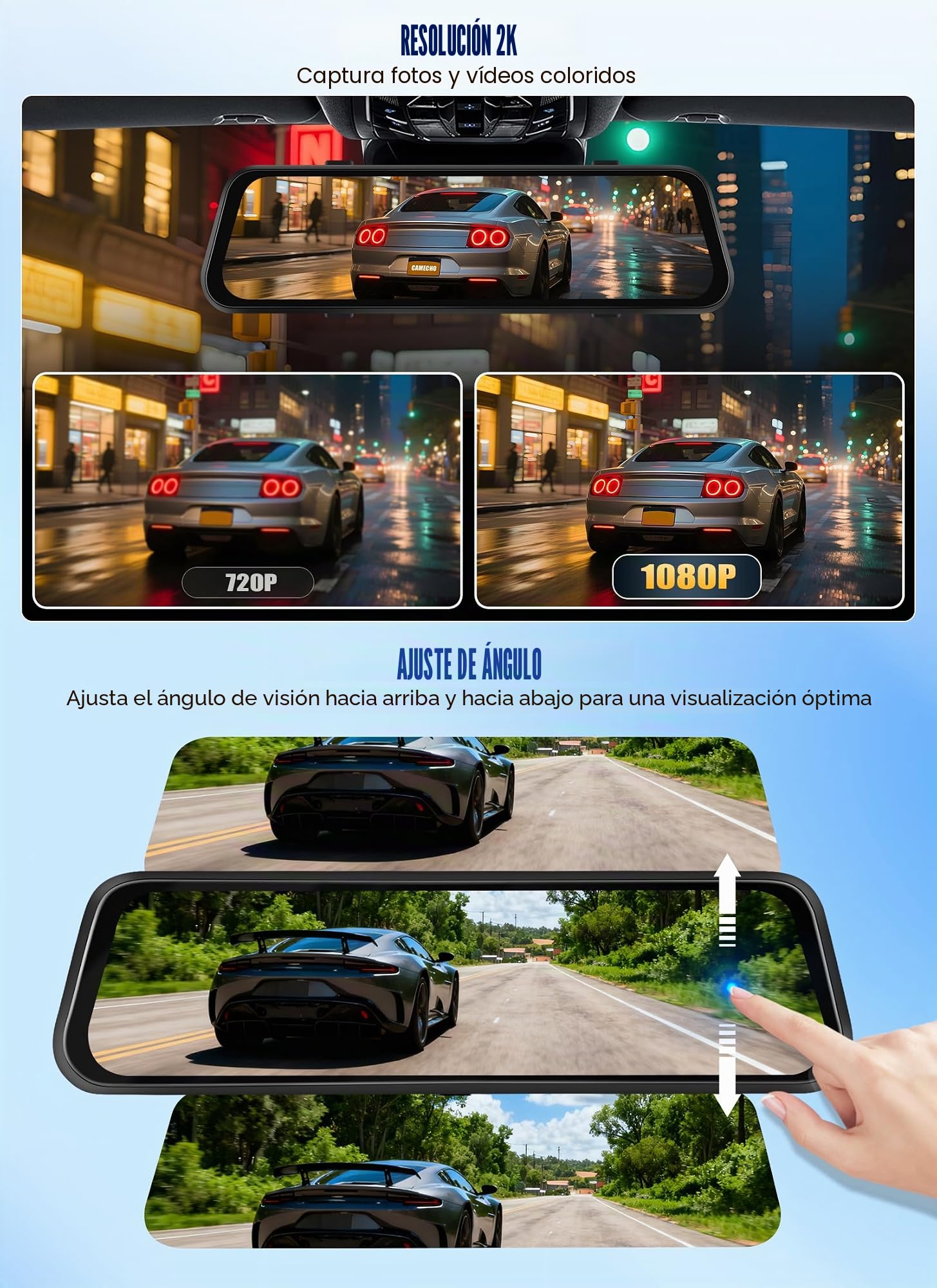 CAMECHO Mirror Dash CAM Pantalla de 9.66 Pulgadas 2K, Dashcam con Tres Cámaras: Frontal/Interior/Trasera -WiFi grabación en Bucle/Sensor de Gravedad/Asistencia al estacionamiento