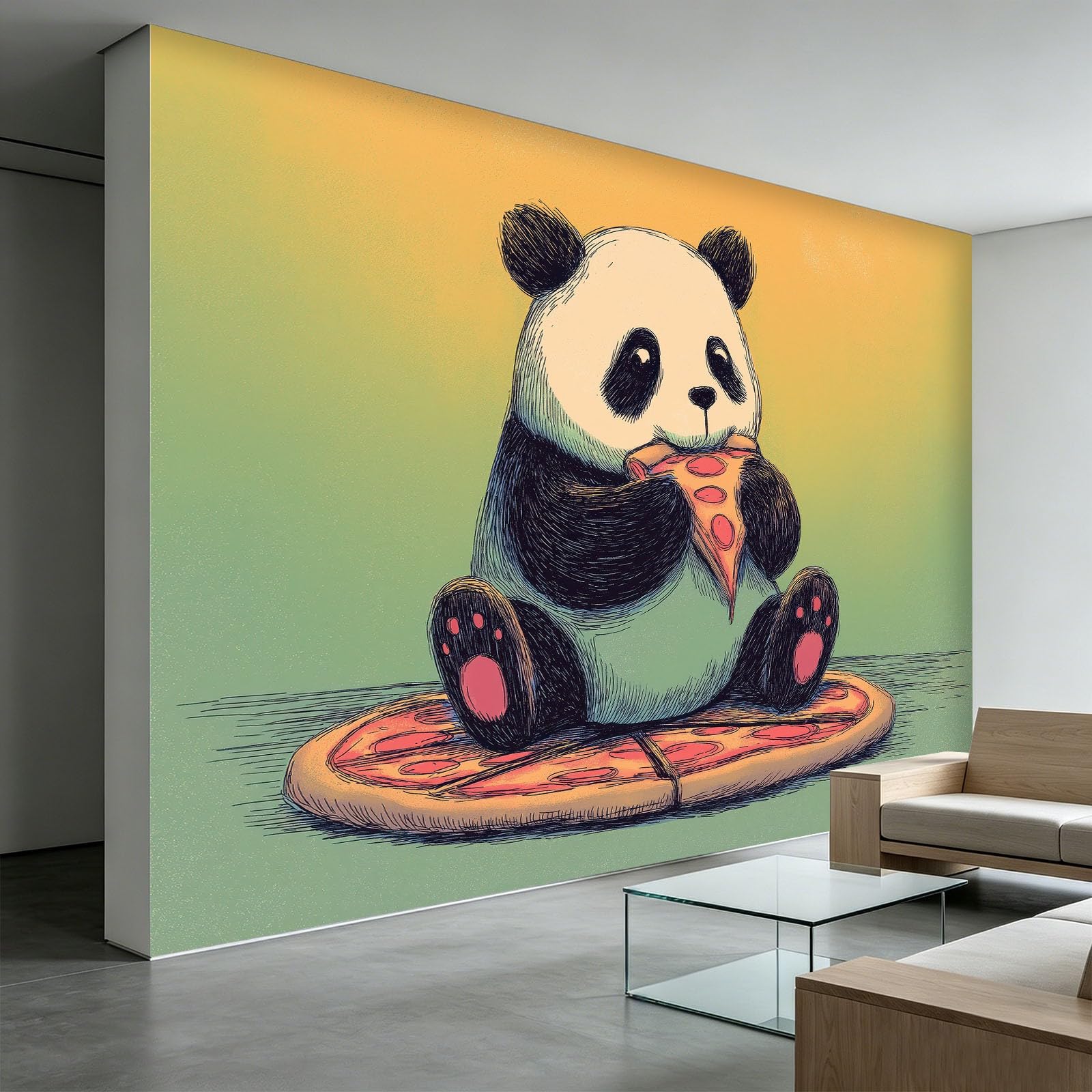 Papel pintado fotográfico 3D 450 x 280 cm Pizza Comer Panda Papel pintado no tejido de dibujos animados divertidos Papel pintado de pared para salón, dormitorio, oficina, pasillo, decoración de pared